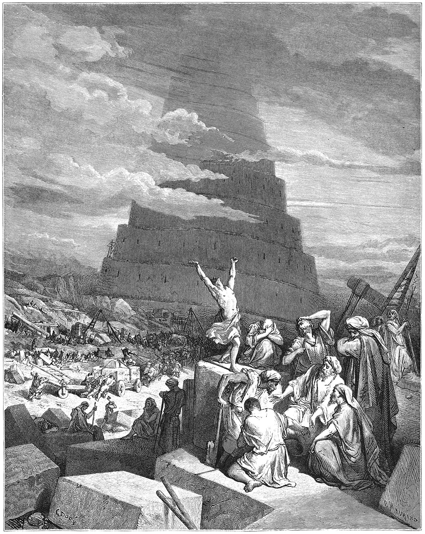 1866 engraving by Gustave Doré, titled The Confusion of Tongues showing the Tower of Babel in the background. This illustration was part of a series of engravings for the Bible, and Doré’s version for the tower is a simple, solid form with a spirali…