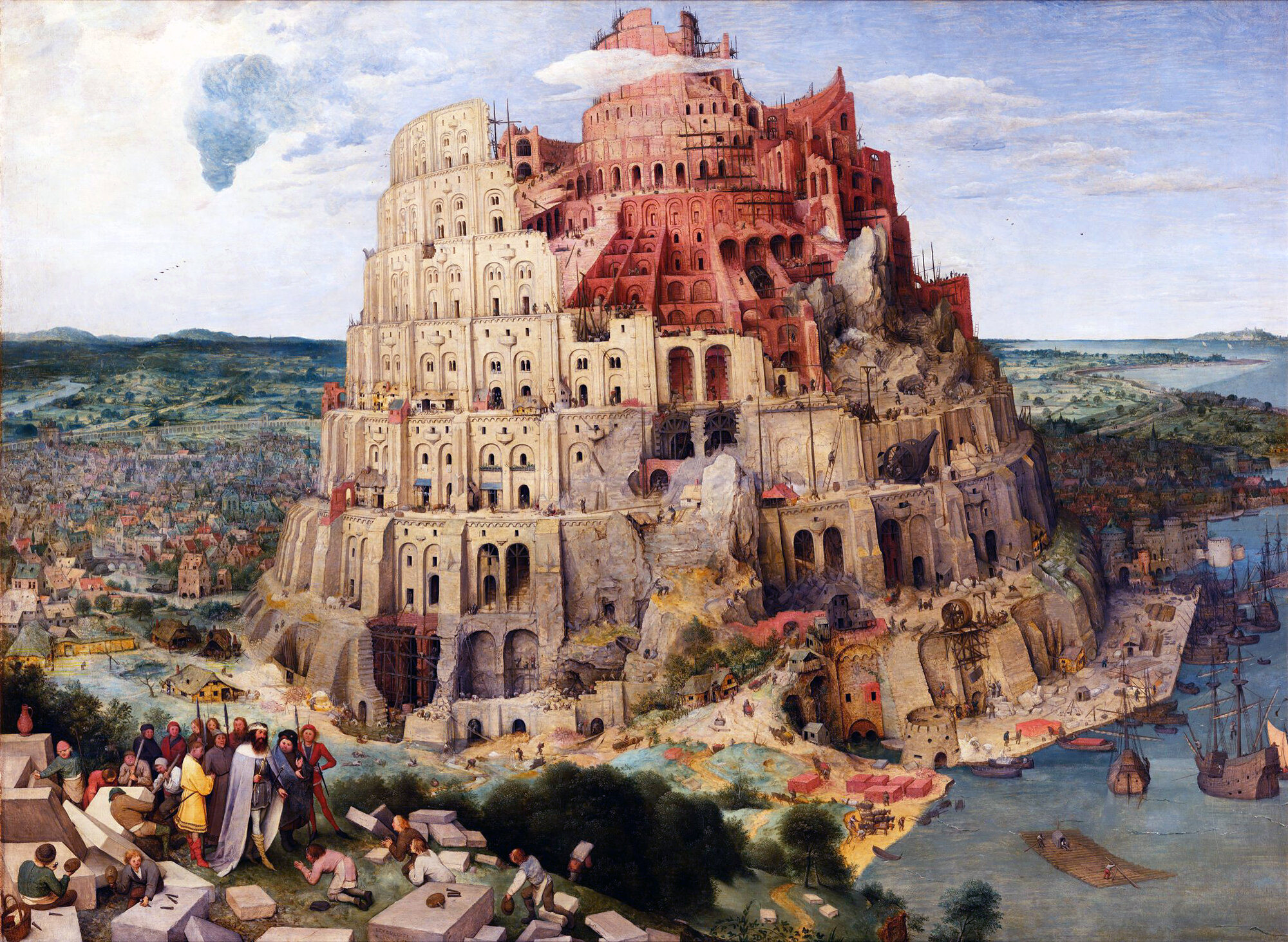 1563 painting by Pieter Bruegel the Elder, titled The Great Tower of Babel. Bruegel shows the tower during construction, with a solid form and a gently spiralling ramp along the outer edge.