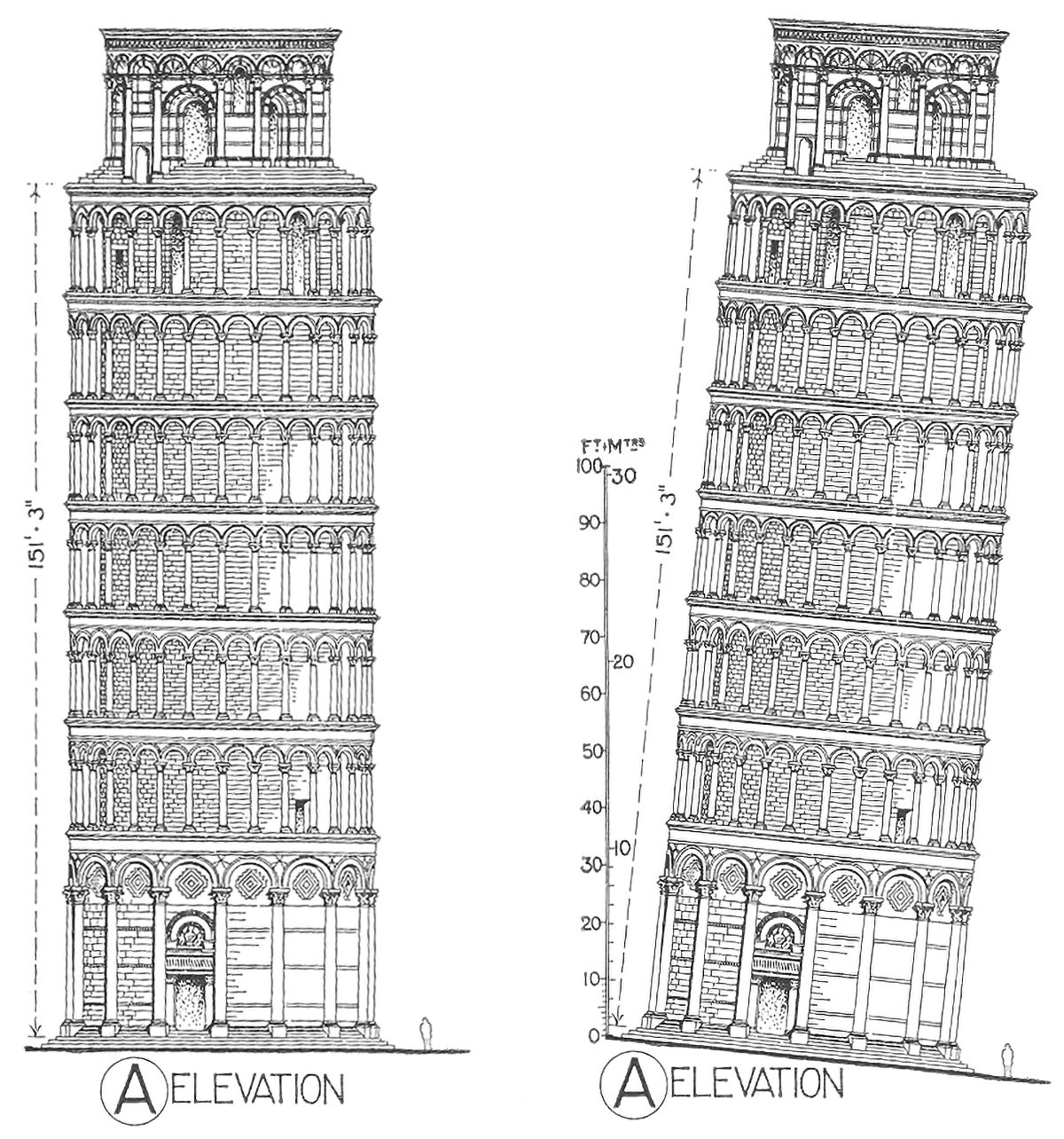Leaning Tower of Pisa architectural drawing by John Paxton