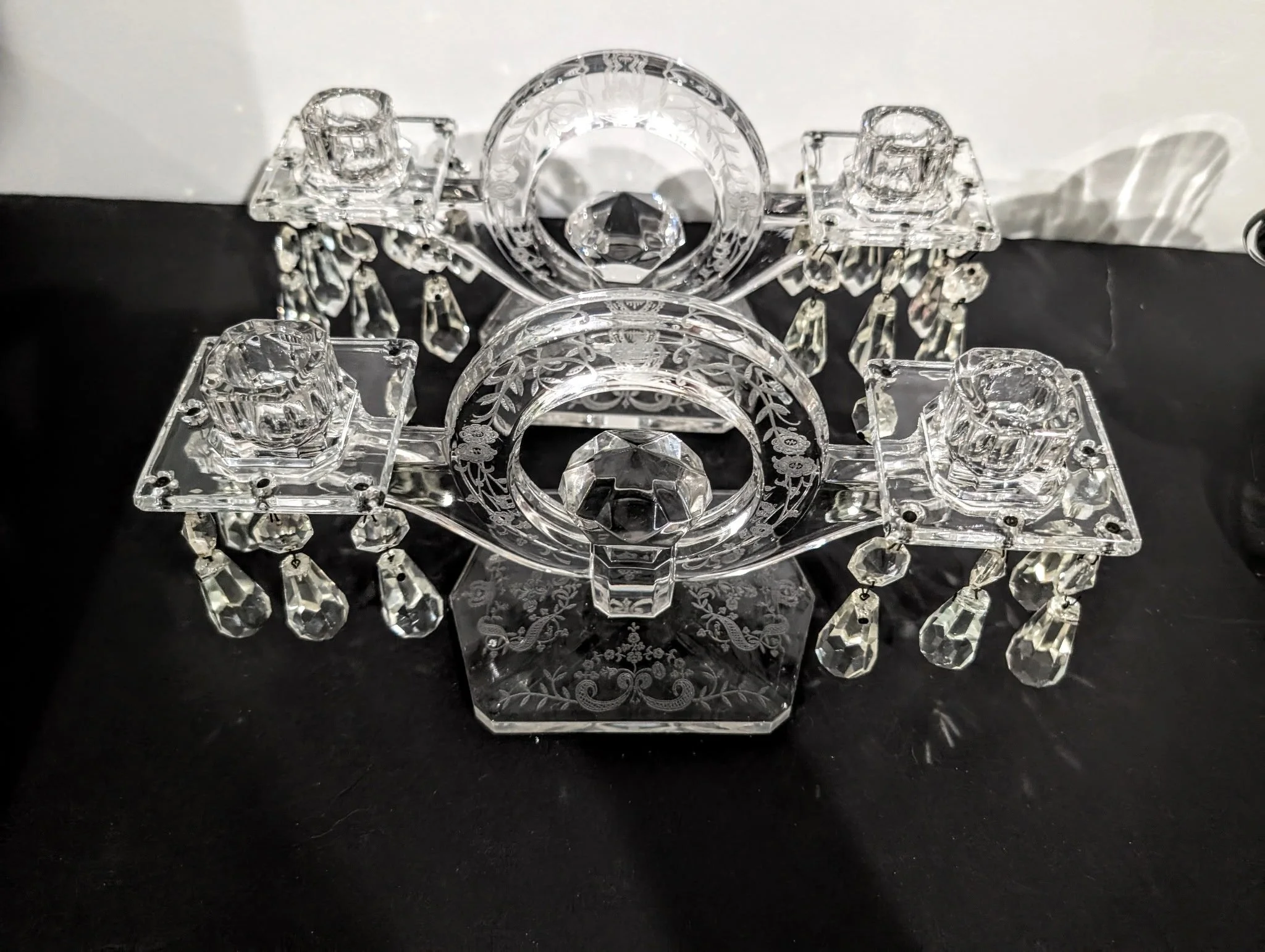 Pair of Heisey 'Kohinoor' Candleabras with Coronation Etching (with Bobeches and Prisms)