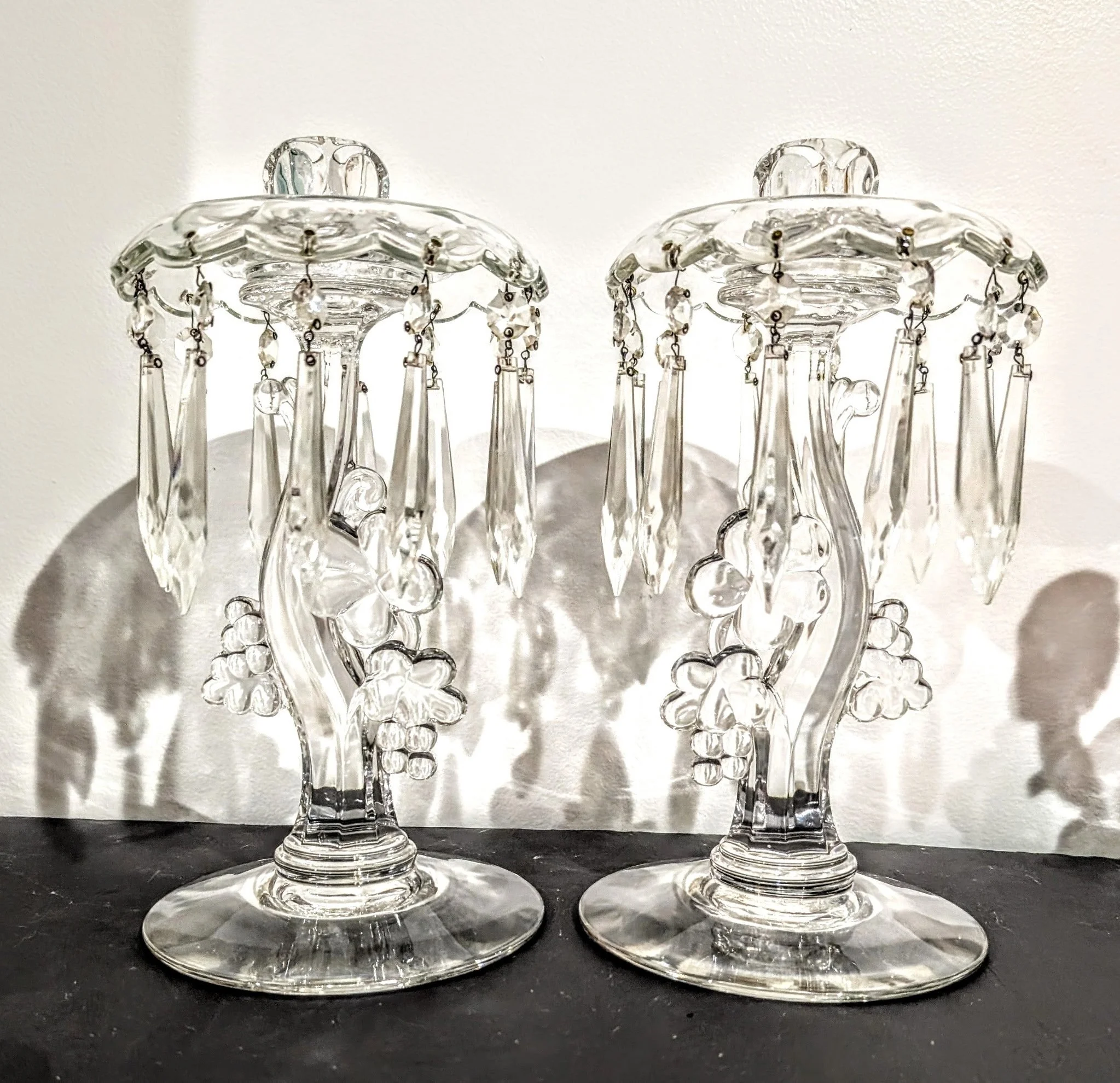 Pair of Heisey 'Grape Cluster' Tall Candle Holders (with Bobeches and Prisms)