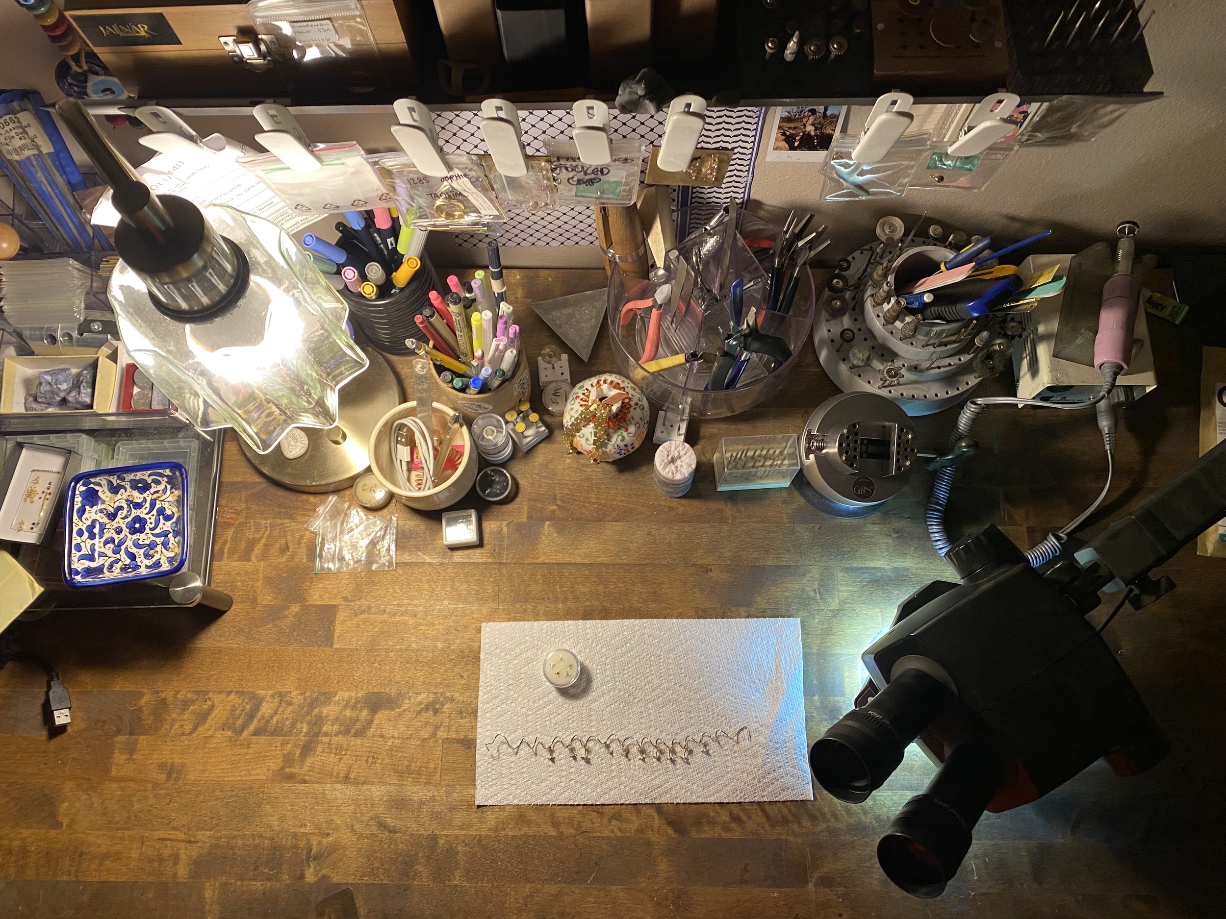 a picture of her jeweler's bench
