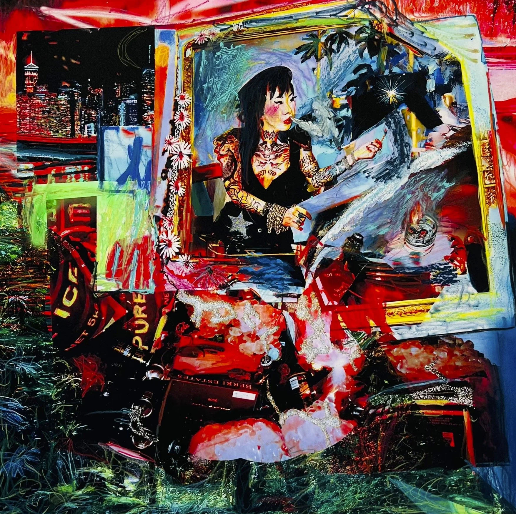 An abstract colorful painting of a woman with tattoos, sitting at a desk with art supplies, surrounded by vibrant chaotic background and cityscape.