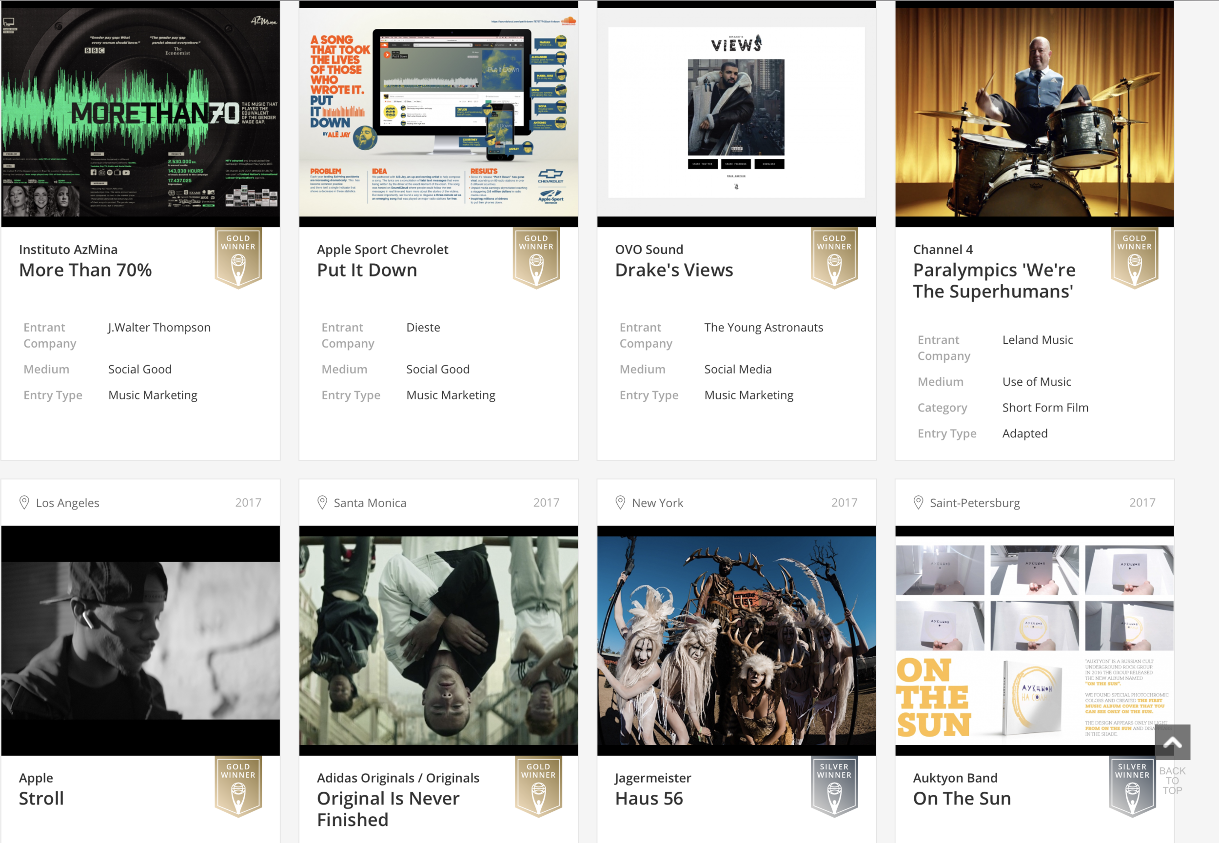 Gold winner at Clio in the music category