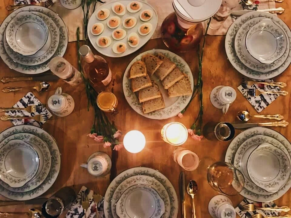 pink moon, 2020, featuring pink flowers, beet soup, deviled eggs, a pink pavlova, and so much homemade bread and rose
