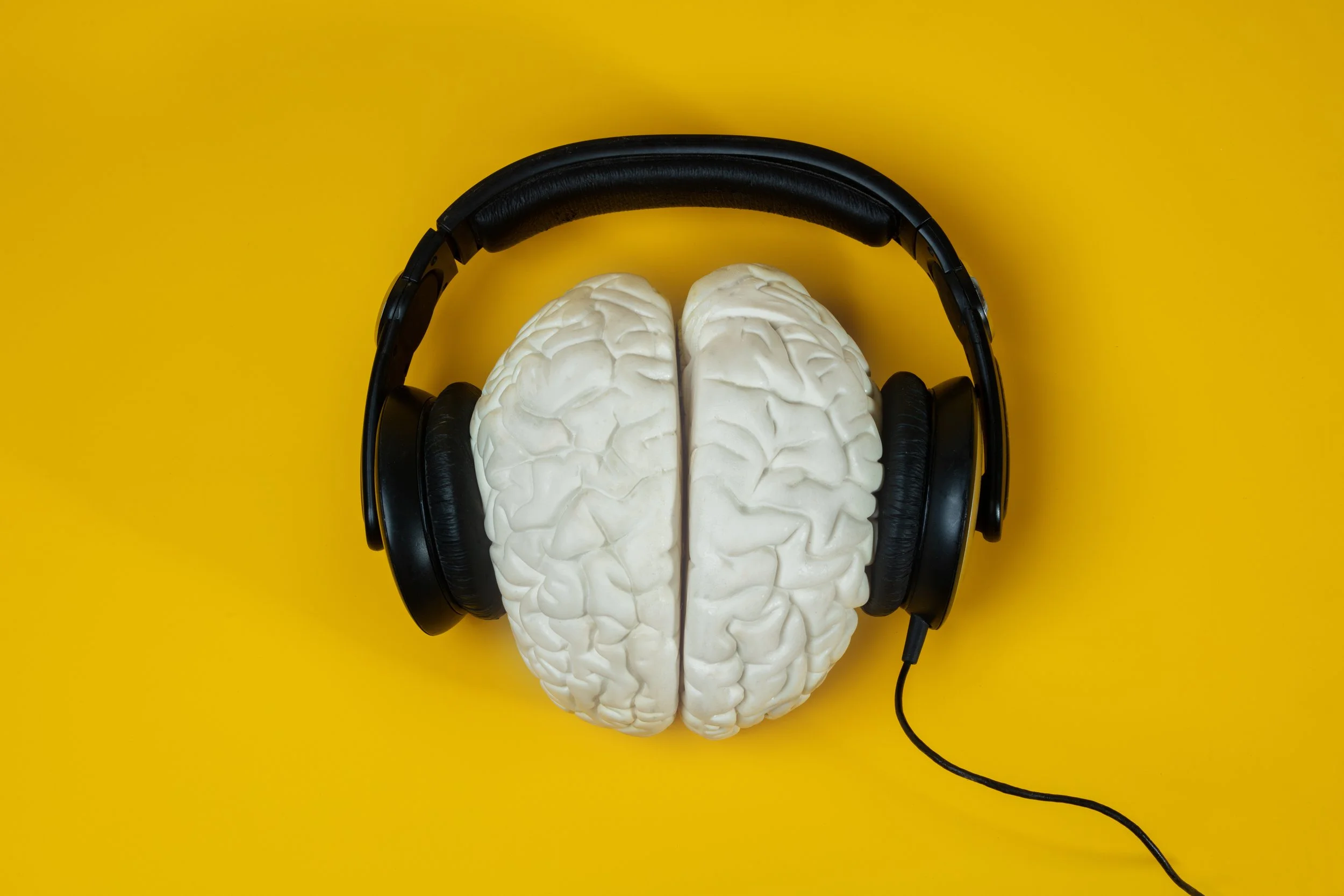 White brain model wearing black headphones on a yellow background, illustrating the psychology behind how to build a fanbase as a musician.