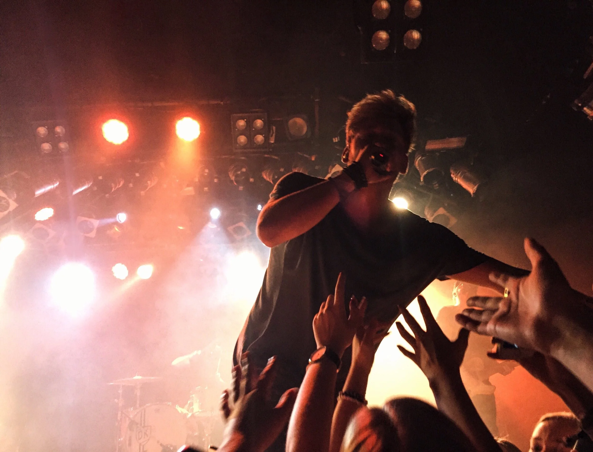 Fans reach toward a vocalist during a live concert, showing the energy of devoted music superfans.