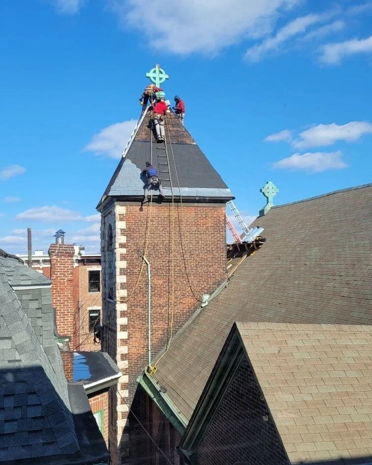 This is what it looks like to get a steeple roof repaired! More than just cosmetic, the roof here was damaged and shedding shingles. This was a safety issue for anyone passing along our alleyway. Today's wind storm proves that it was a good idea to m