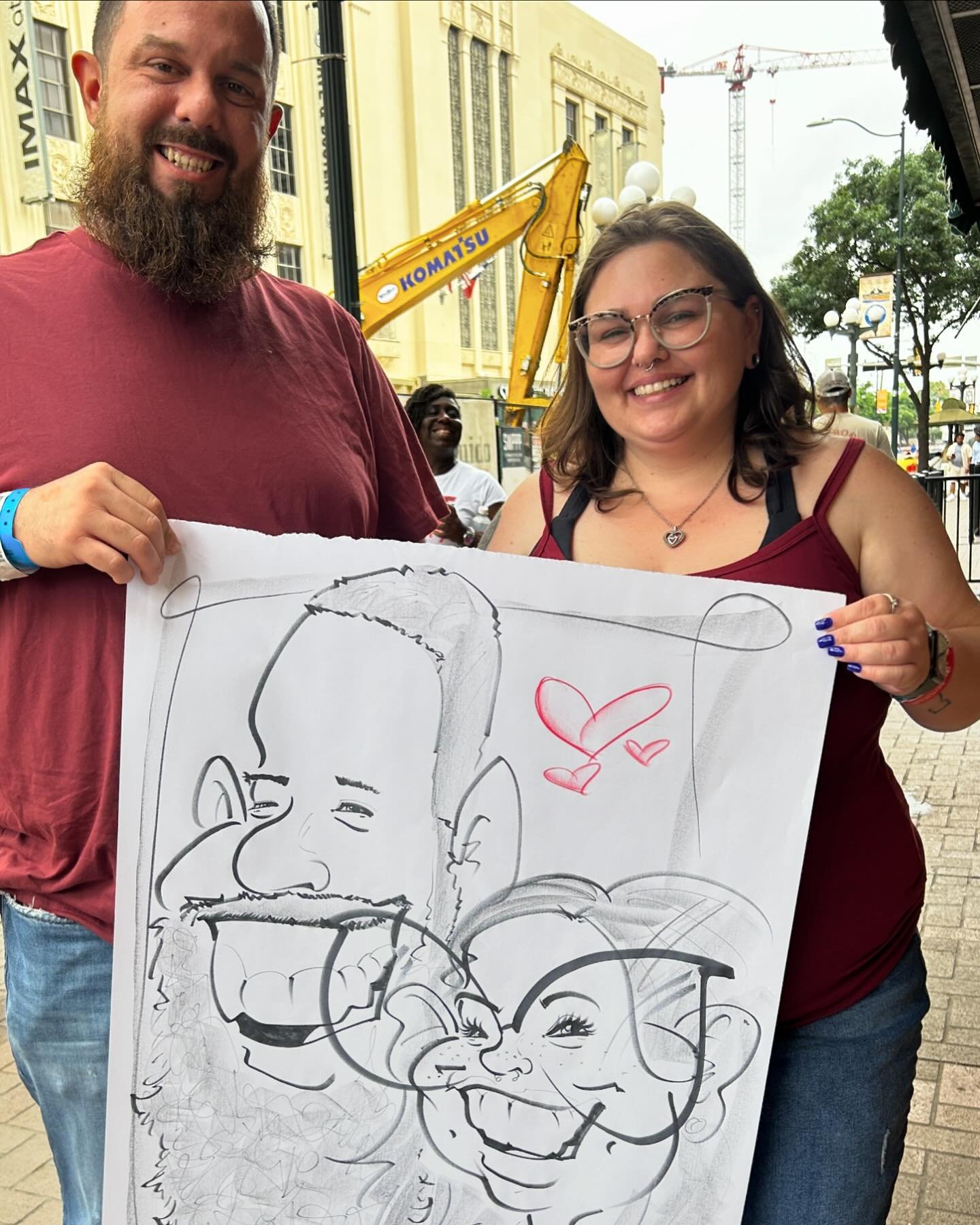 Super fun couple I drew by the Alamo yesterday. He had &ldquo;vampire&rdquo; canines and her glasses were so fun. #livecaricature #caricature @admarker_official #chartpakadmarkers