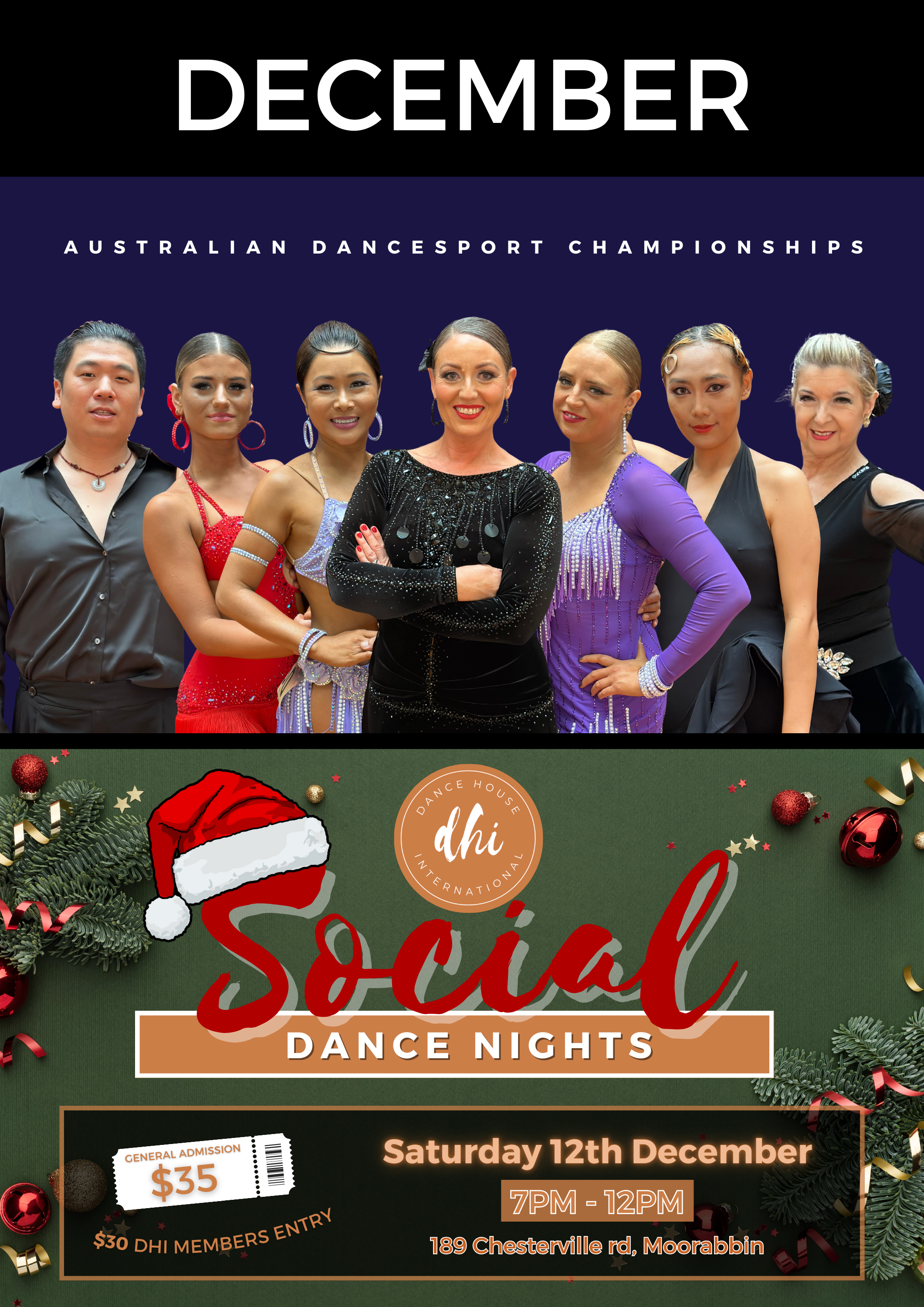 Poster for Australian DanceSport Championships and Dhi Social Dance Nights on December 12th, featuring a group of diverse ballroom dancers in colorful costumes and a decorated Christmas-themed section with a Santa hat and ornaments.