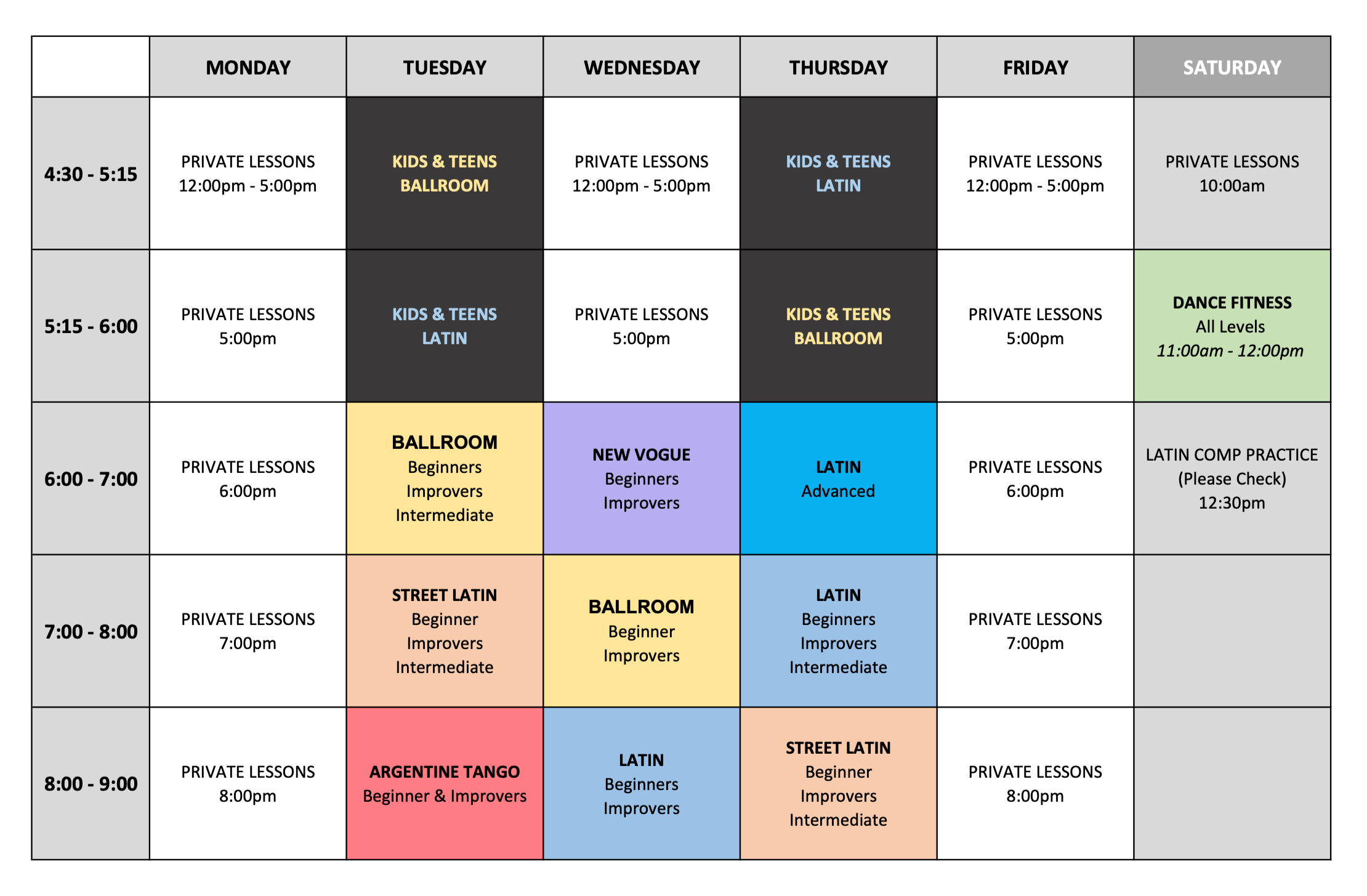 Weekly dance class schedule with various classes from 4:30 pm to 9:00 pm, including private lessons, ballroom, Latin, street Latin, Tango, and beginner to advanced levels, organized by days of the week.