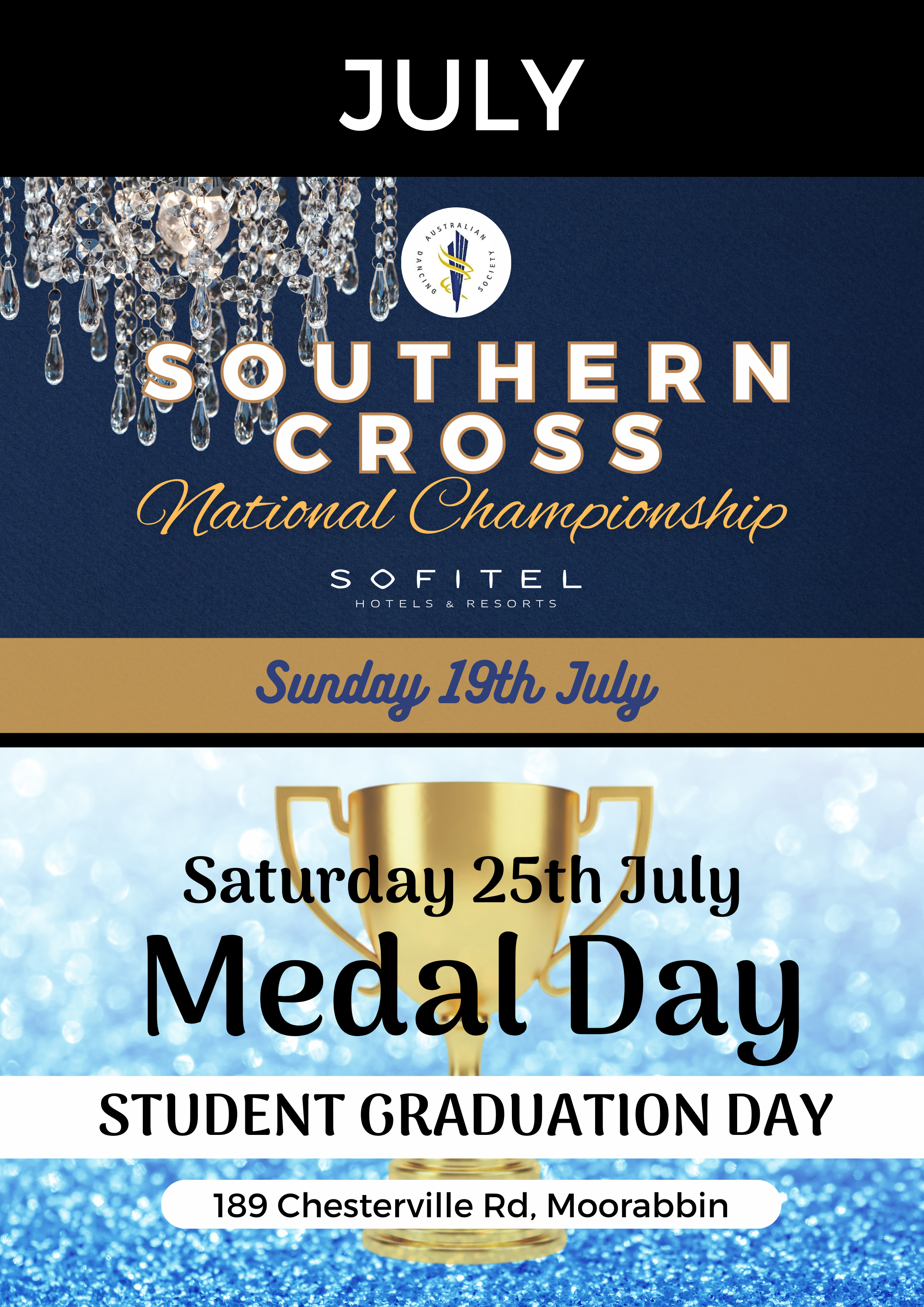 Event poster for the Southern Cross National Championship and Student Graduation Day with date, location, and a trophy image.