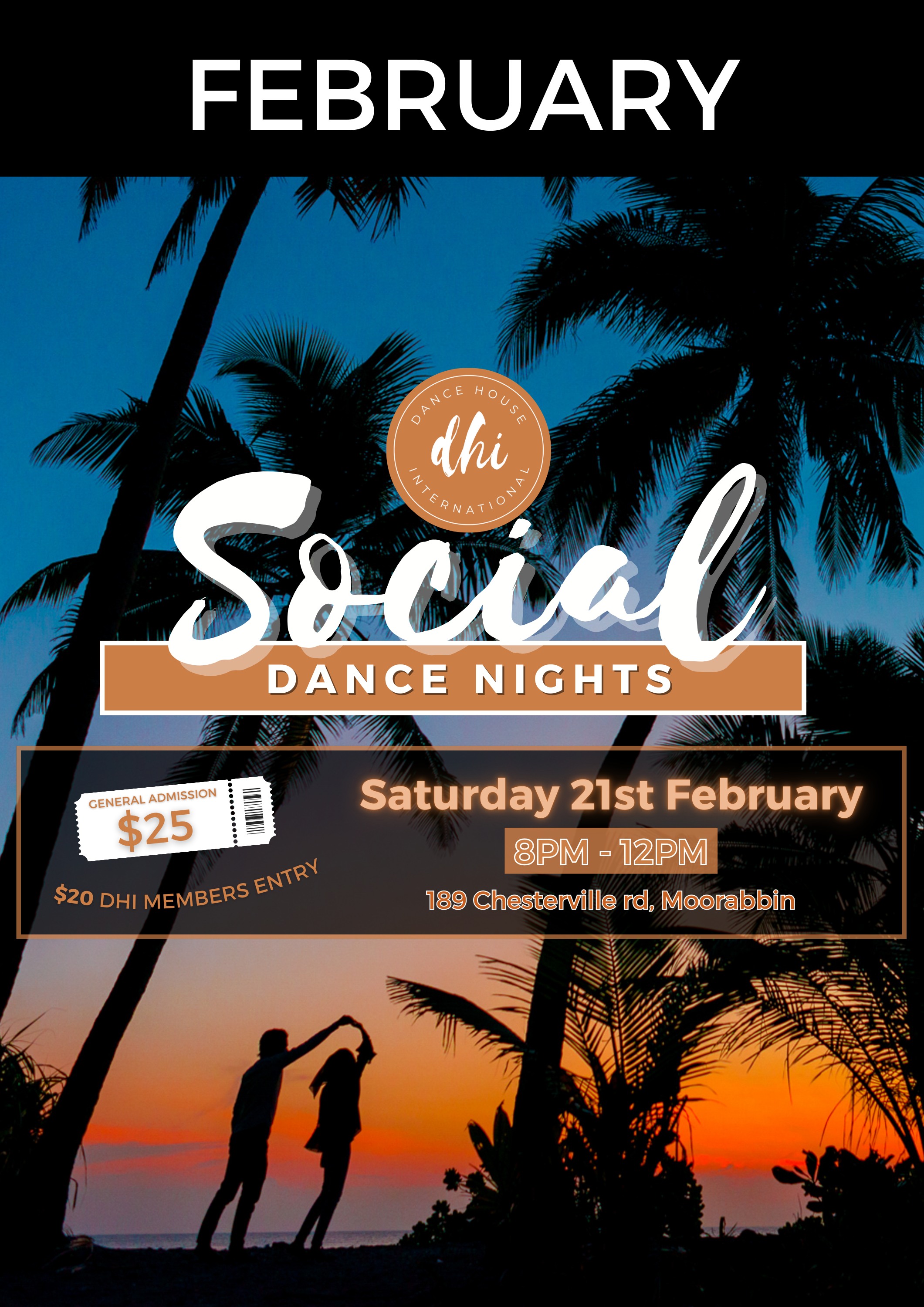 A poster advertising a social dance night event in February, featuring a tropical background with silhouettes of palm trees and people dancing at sunset. The event details include date, time, location, and entry fee.