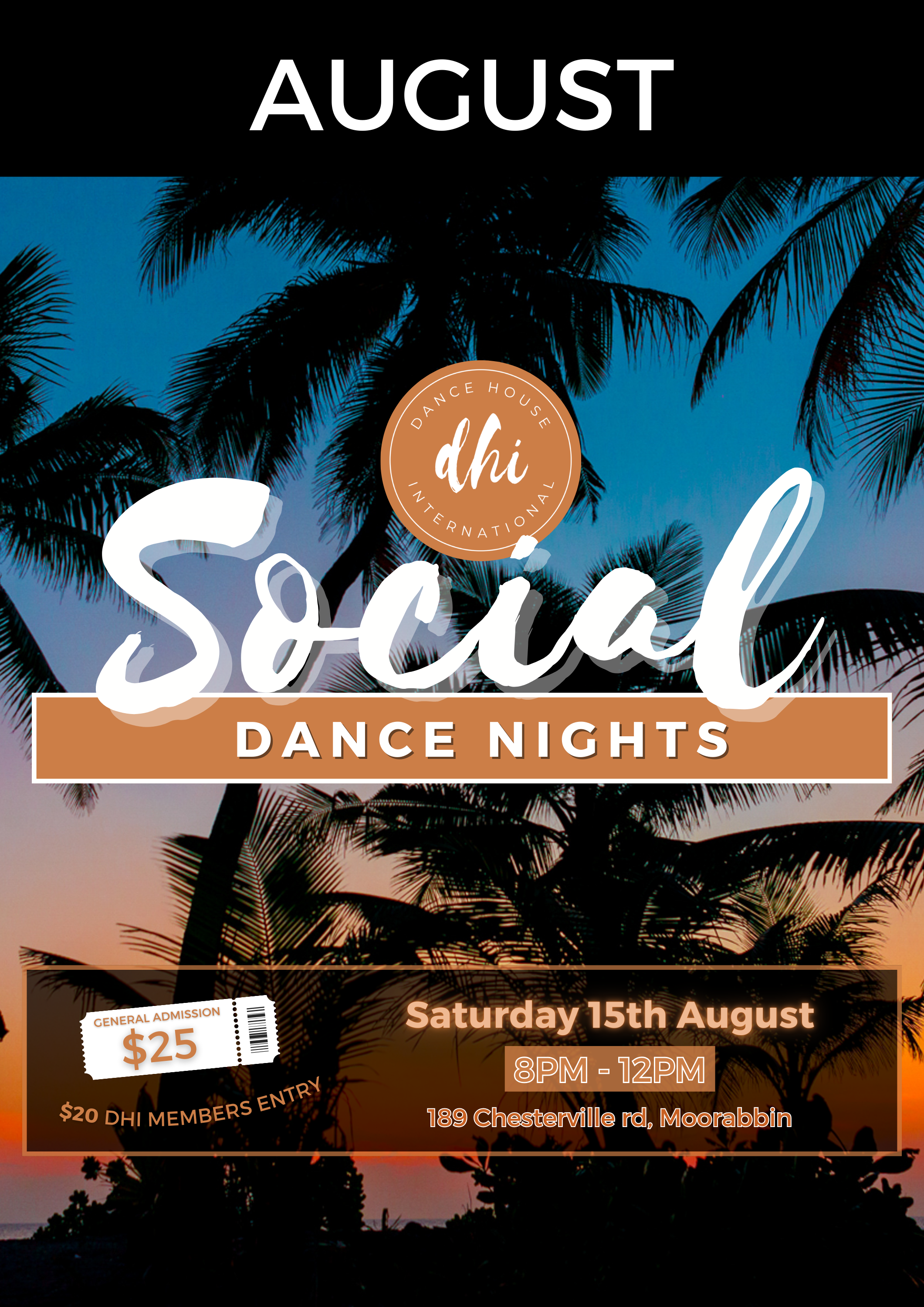 Flyer for August social dance nights featuring a sunset with palm trees, event details including date, time, location, and ticket prices.
