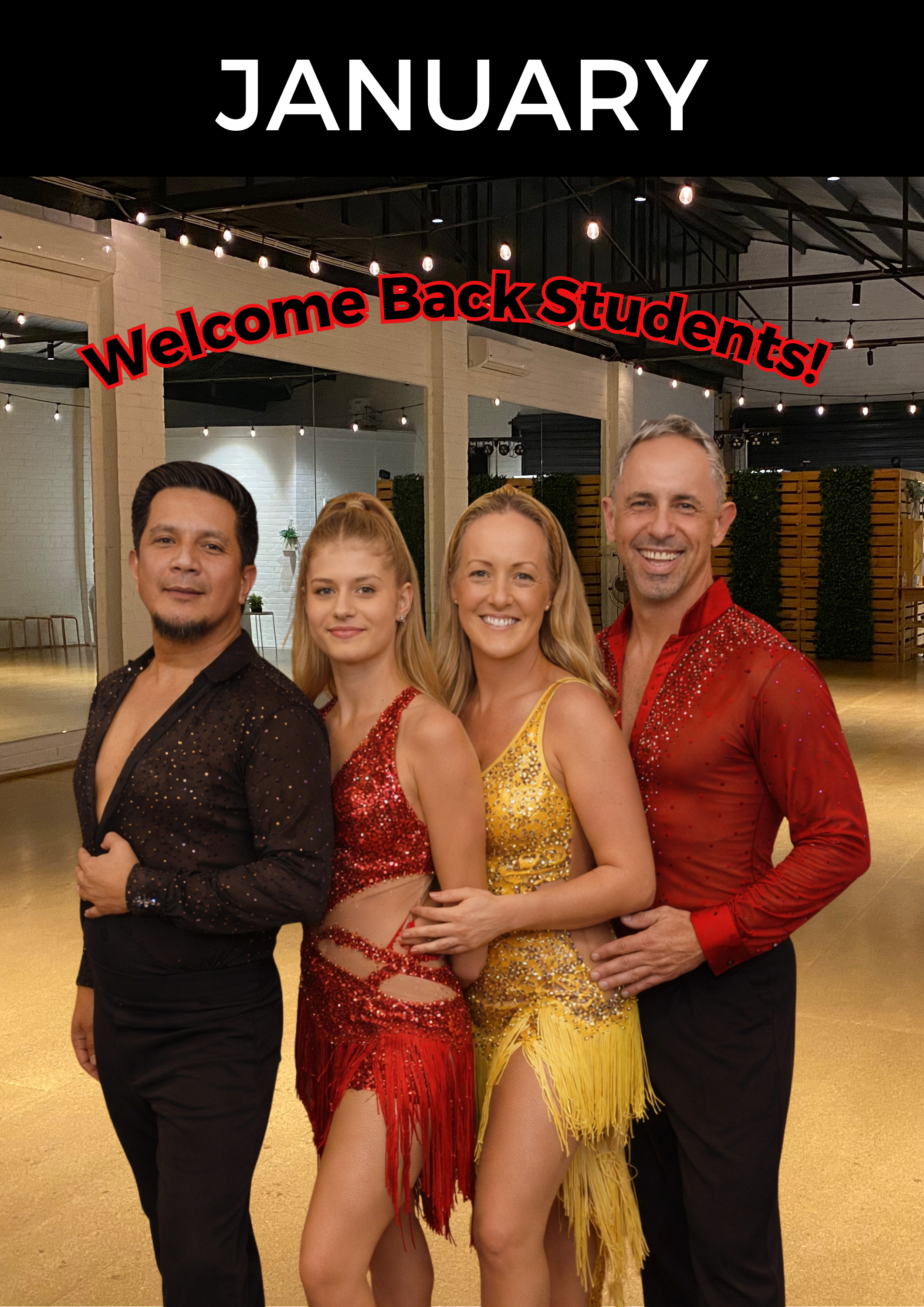 Four people, two men and two women, standing together indoors. They are dressed in colorful, sparkly dance costumes and smiling. The background shows a dance studio or event space with string lights. Text at the top reads 'JANUARY' and above the peop