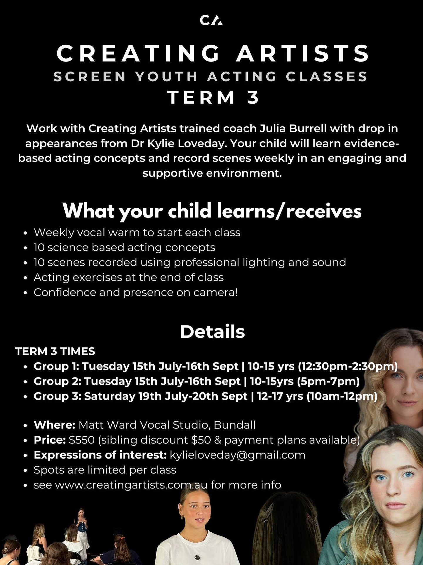 🎉 YOUTH CLASS EXPANSION 🎬 TERM 3 ANNOUNCEMENT 🎉

We&rsquo;re thrilled to announce that due to growing interest, we&rsquo;re expanding!

Starting Term 3, we now have THREE Youth Acting Classes running! 

✨ Tuesdays 12:30pm-2:30pm (5 spots left)
✨ T