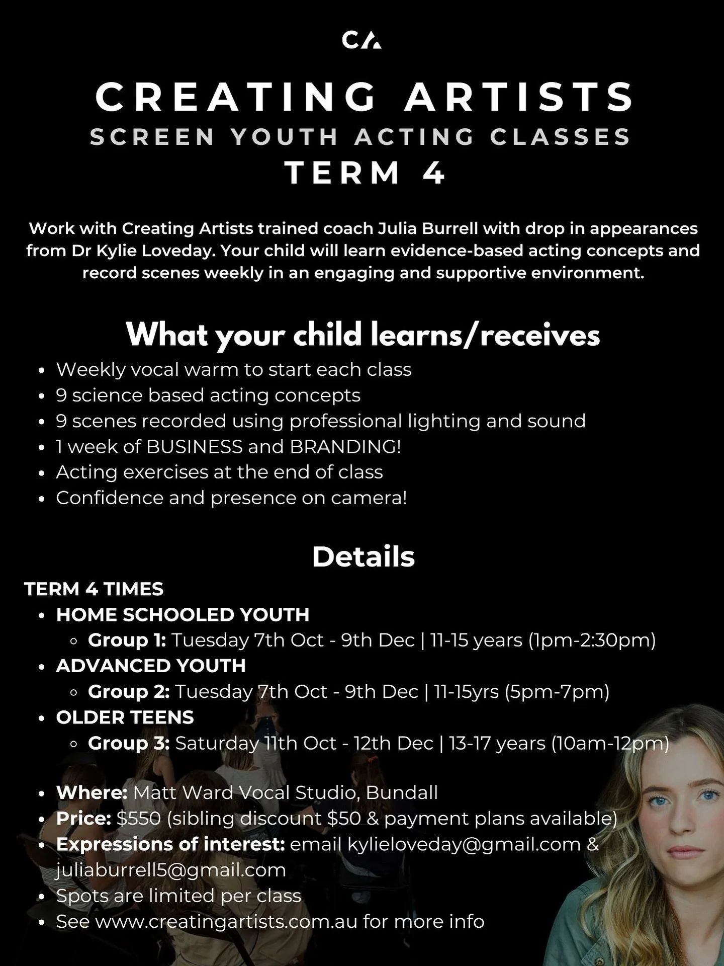 Term 4 π¬ YOUTH PROFESSIONAL SCREEN ACTING CLASSES with @juliaa_burrell π€
This term classes will include a: 
β¨ Branding Week – discover your unique “spice” on screen
π Halloween-themed Week – working on the spooky genre f