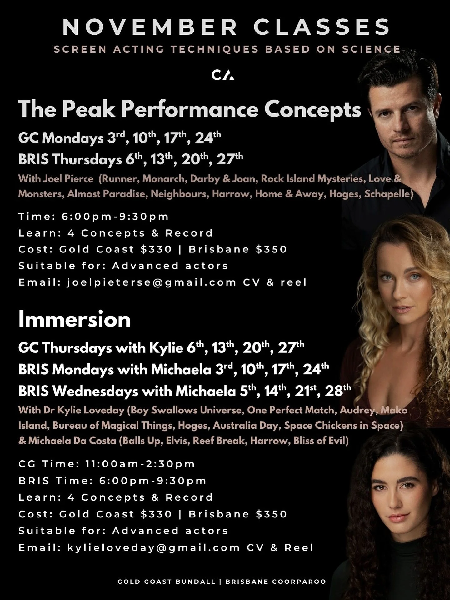 November Class Dates 🖤 come along develop your craft with @kylie.loveday and @michaela.da.costa in #Immersion or continue to refine and collaborate with @joel.pierce in #ThePeakPerformanceConcepts

It&rsquo;s about being ready for when that opportun