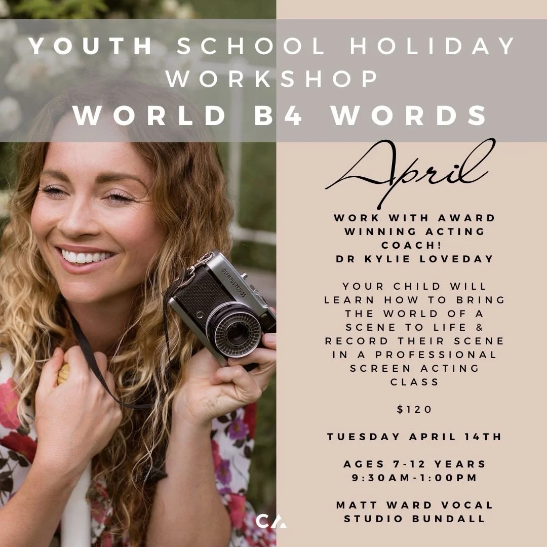 🎬 NEW - WORLD B4 WORDS - YOUTH SCHOOL HOLIDAY WORKSHOP 🎬

These school holidays, young actors will learn how to bring the WORLD of the script to life! 

One of the most common challenges we see is kids simply reading lines across from another actor