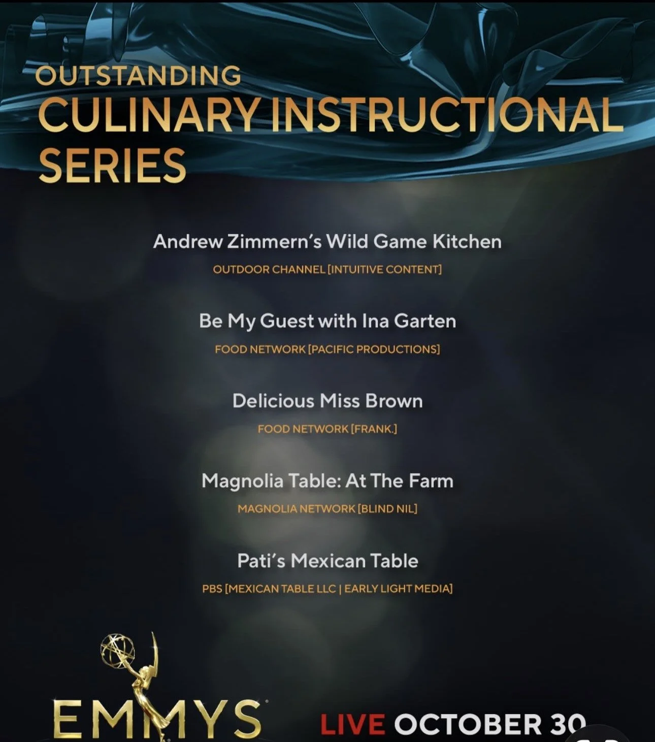 Sharing in the excitement of two Daytime Emmy nominations for Pati's Mexican Table. Honored to have  worked on as Culinary Producer! 