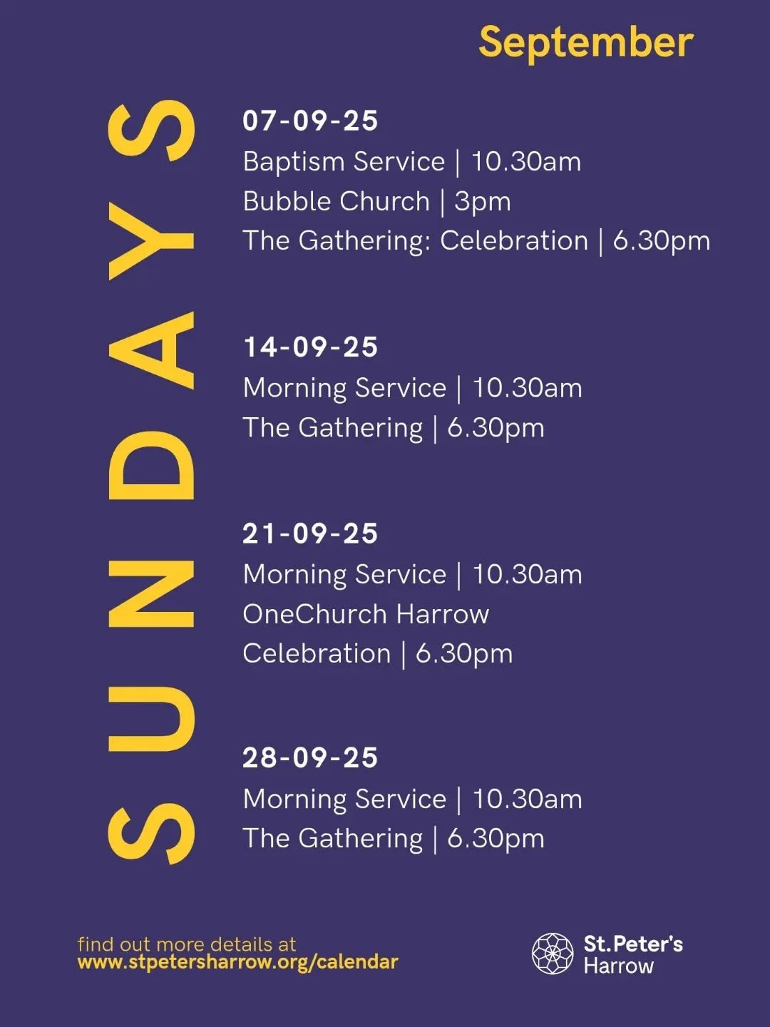We have a packed Sunday ahead with Baptisms, Bubble Church and The Gathering back in the building! 🙌

Hope to see you there 👋

Find out more about what's on this month by visiting our website 🔗 www.stpetersharrow.org/calendar