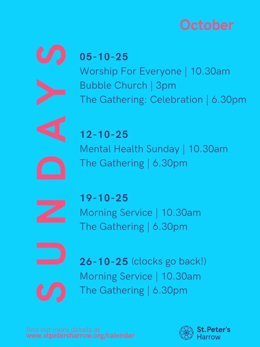 Come and join us on a Sunday at St. Peter's in October! ☝️

Find out more about what's on this month by visiting our website 🔗 www.stpetersharrow.org/calendar