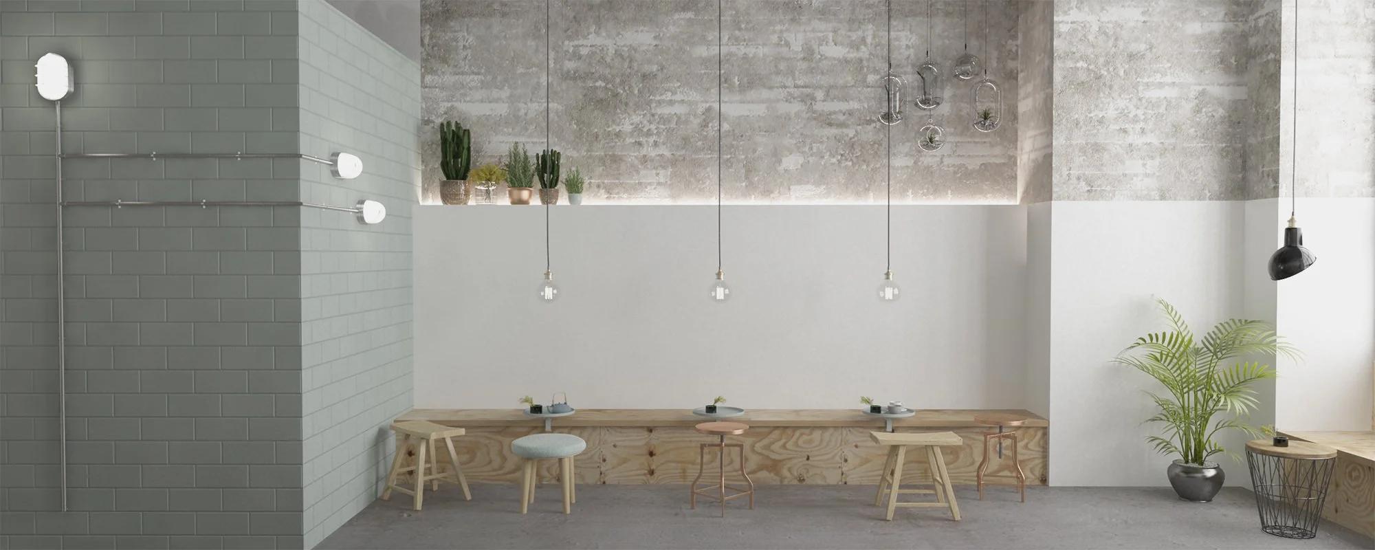 interiorismo para cafeteria en donostia. Espacio interior moderno con sillas de diferentes estilos y plantas decorativas.