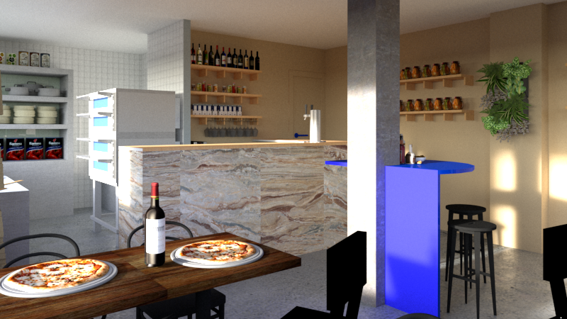 Dentro de una pizzería con barra de piedra, mesas con platos de pizza, botella de vino, estantes con comida enlatada, y plantas decorativas en la pared.