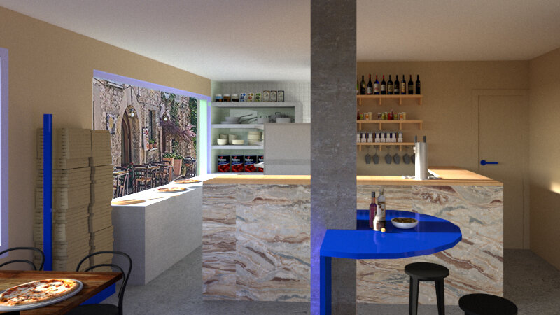 Interiores de una pizzería moderna con barra de mármol, estantes con vinos y utensilios, y una mesa con pizza. Vista de la fachada de la pizzería a través de la ventana.