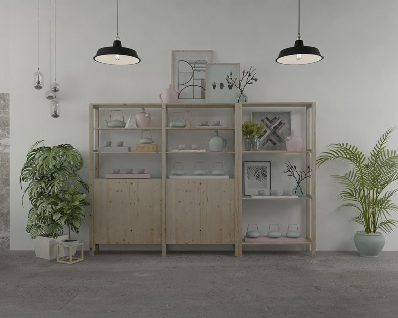 Estanterías de madera con vajilla y decoraciones, plantas y lámparas en fondo de pared blanca.