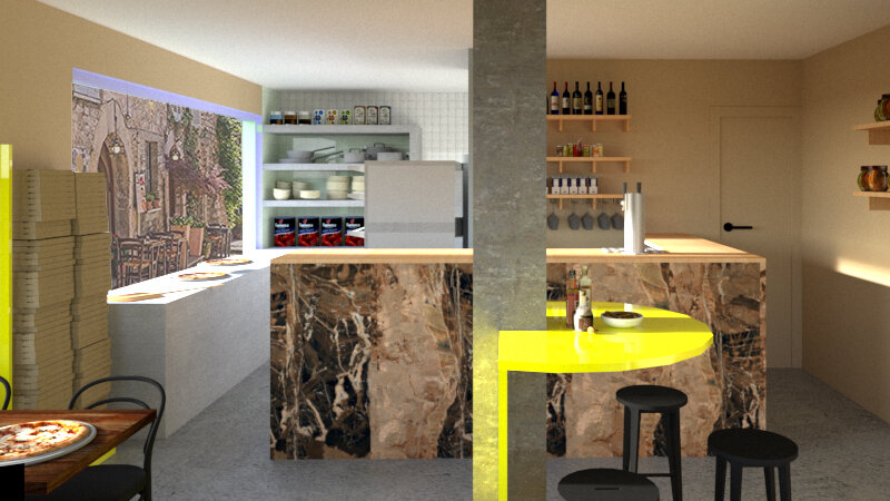 Interior de una cafetería moderna con barra de mármol, estanterías con botellas y utensilios, y una pared decorativa con mural de ciudad.