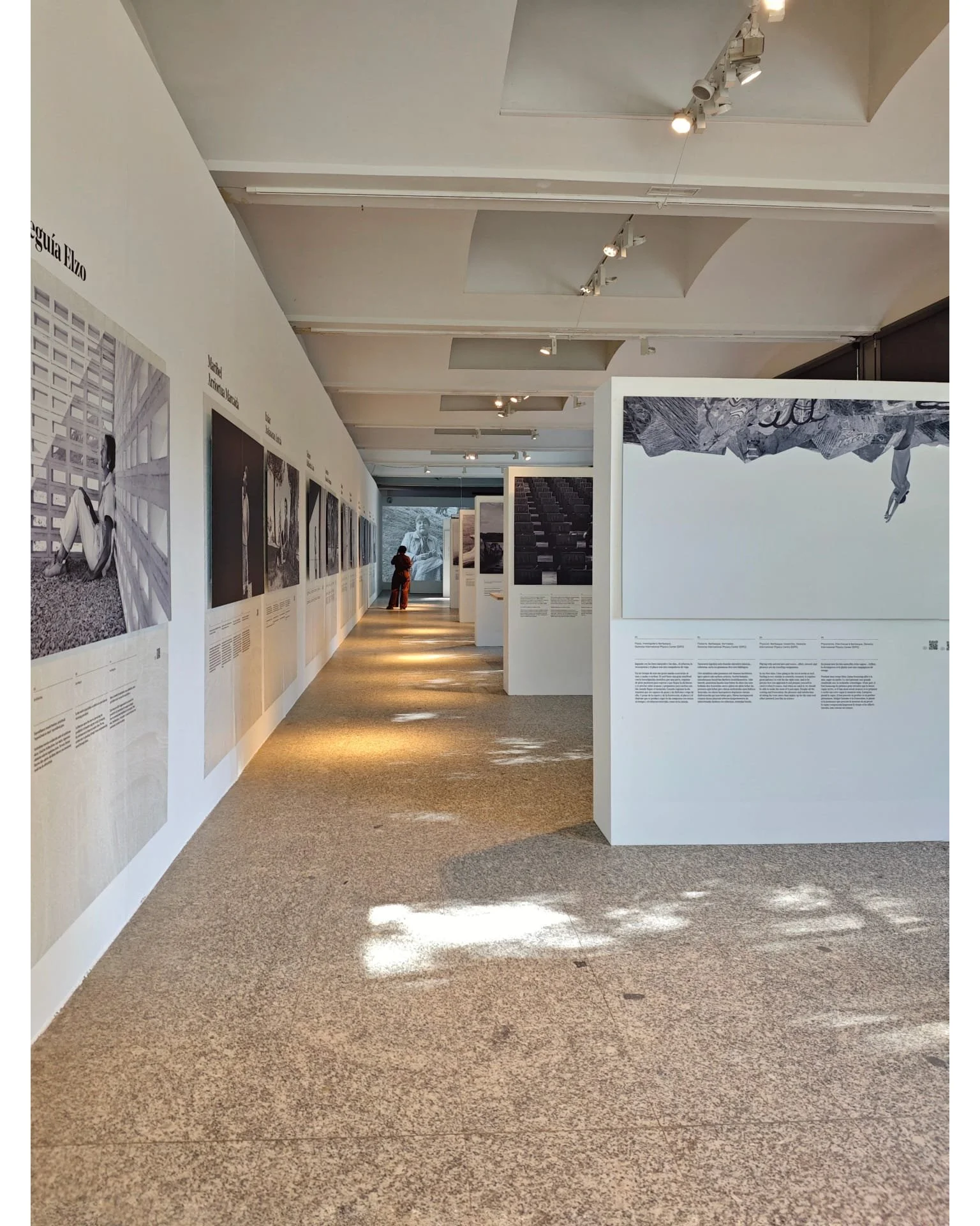 Sala de exposiciones con fotografías en las paredes blancas, una persona vista de espaldas en el fondo