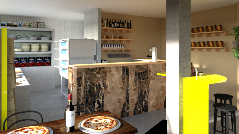 Interiores de una pizzería con barra de mármol, mesas con pizzas y una estantería con productos en una cocina moderna.
