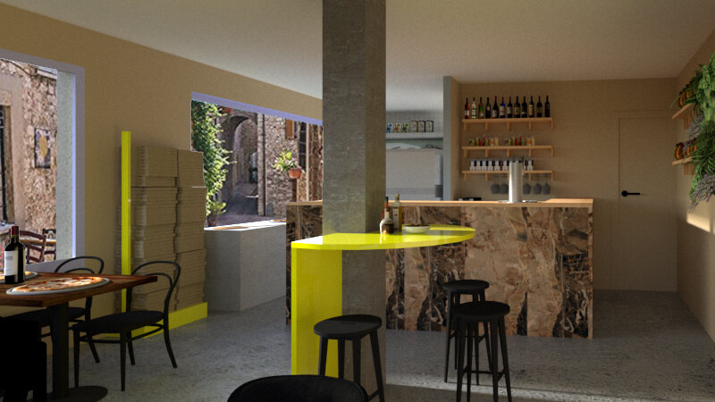 Interior moderno de un bar o restaurante con paredes claras, mobiliario negro y una barra hecha de piedra con detalles amarillos, vista a una ventana con vista exterior.