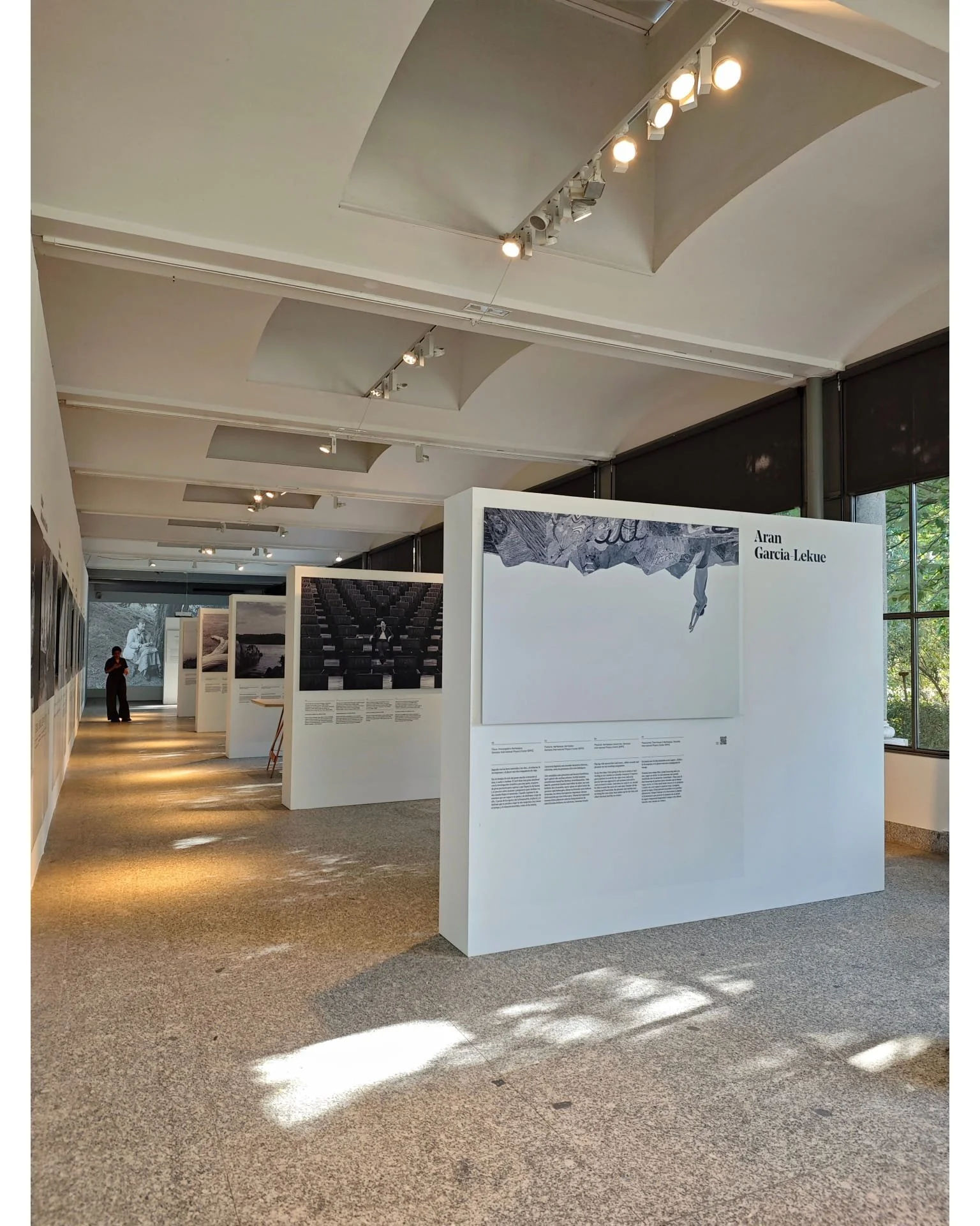 Galería de exposición de arte con carteles y fotografías en las paredes, iluminación por focos en el techo, luz natural entra por las ventanas. Unas personas observan las obras.