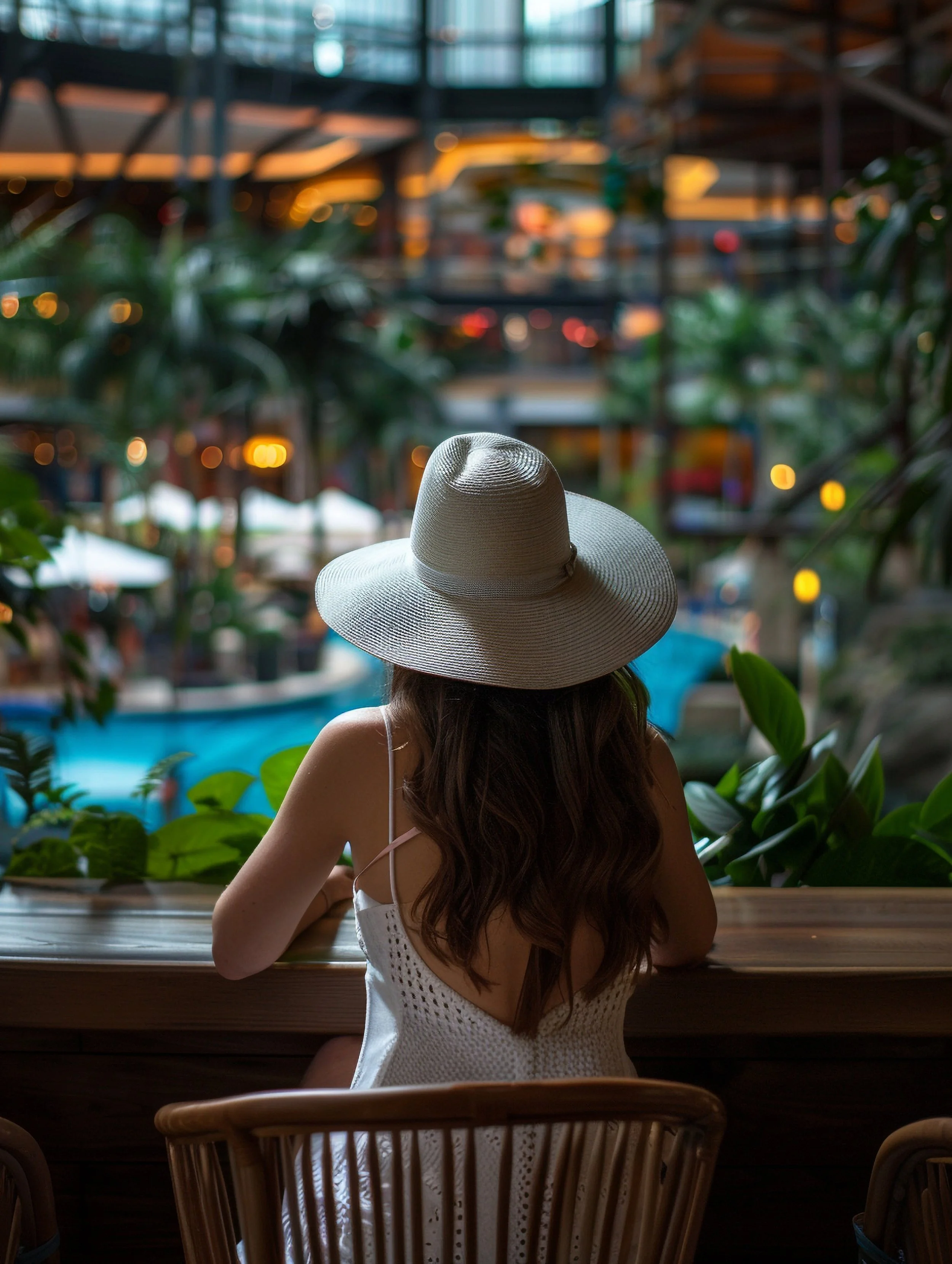 A woman with long brown hair wearing a wide-brimmed sun hat and a white dress sits at a wooden table, looking out at an indoor water park with lush greenery and bright lights.