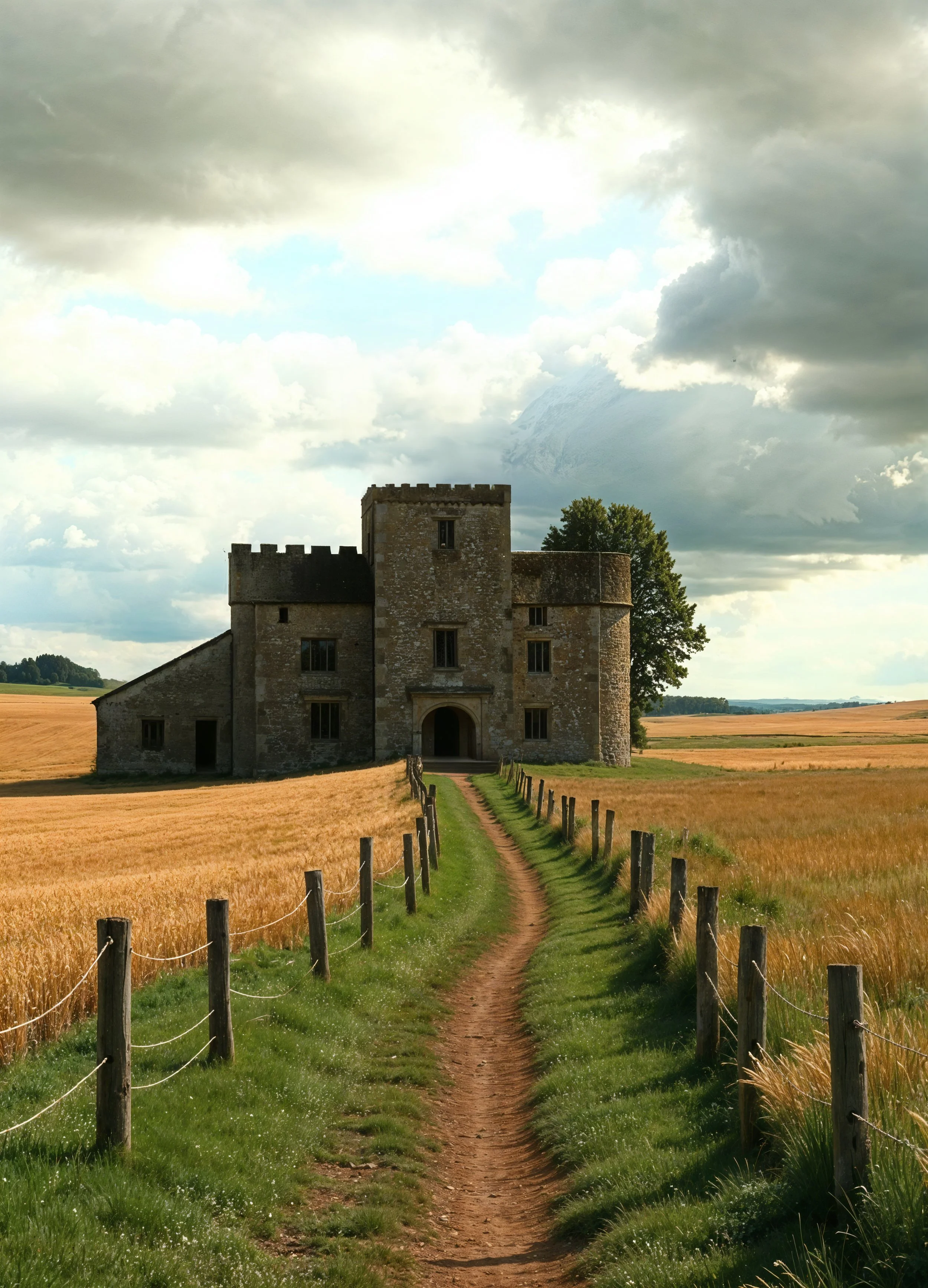 A stone castle with a tower in a rural landscape, a dirt path leads to the castle entrance, surrounded by golden fields and a cloudy sky.