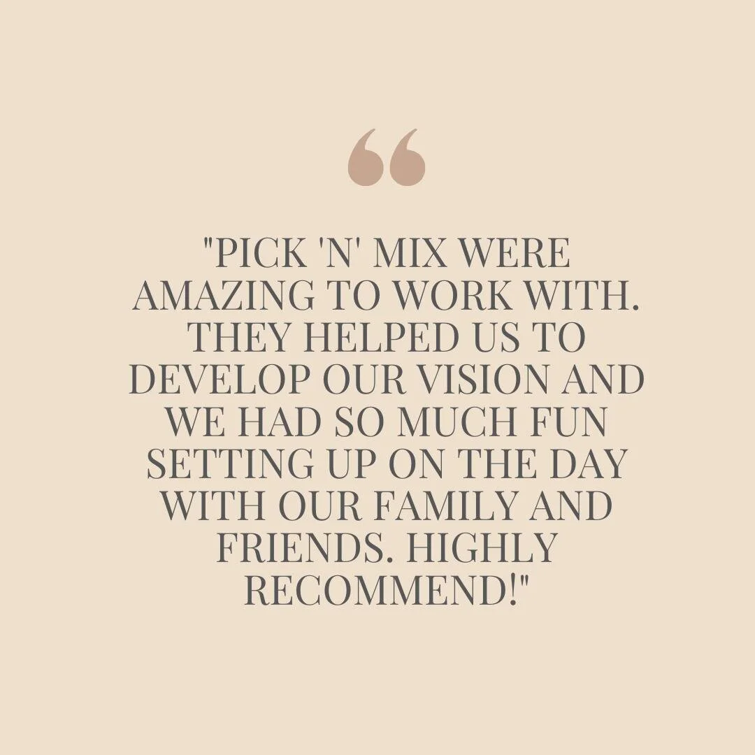 Another happy wedding client! 
DIY can be nerve-wracking. 
At Pick N Mix, We guide you to ensure you have everything covered.
We'll help you to enjoy the whole process.