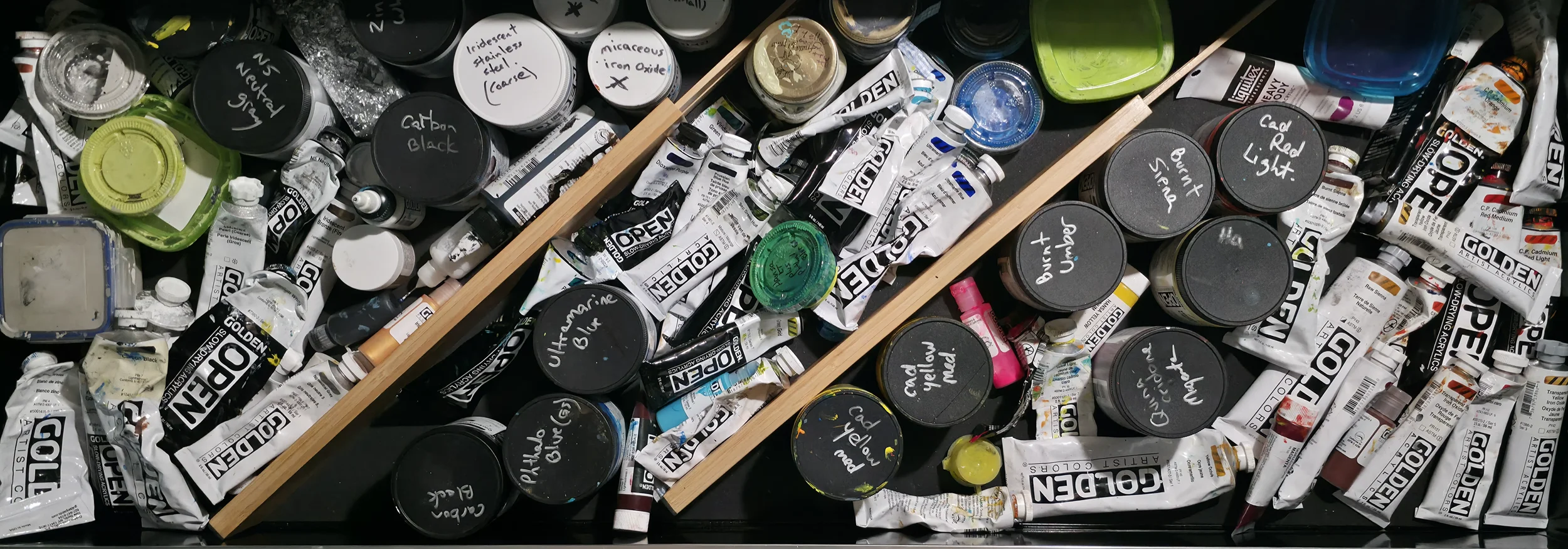 Drawer full of mostly Golden Acrylics paints. I have a slight crush on Golden Acrylics.