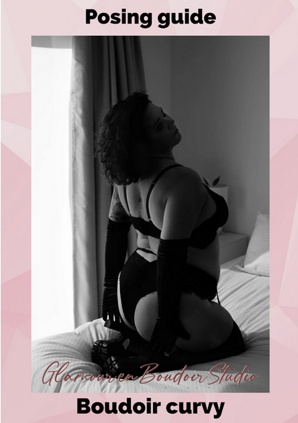 Black and white photo of a woman in lingerie posing on a bed, with text indicating a boudoir pose guide from Glamour Boudoir Studio, titled 'Boudoir curly'.