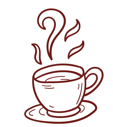 Line drawing of a steaming cup of coffee or tea on a saucer.
