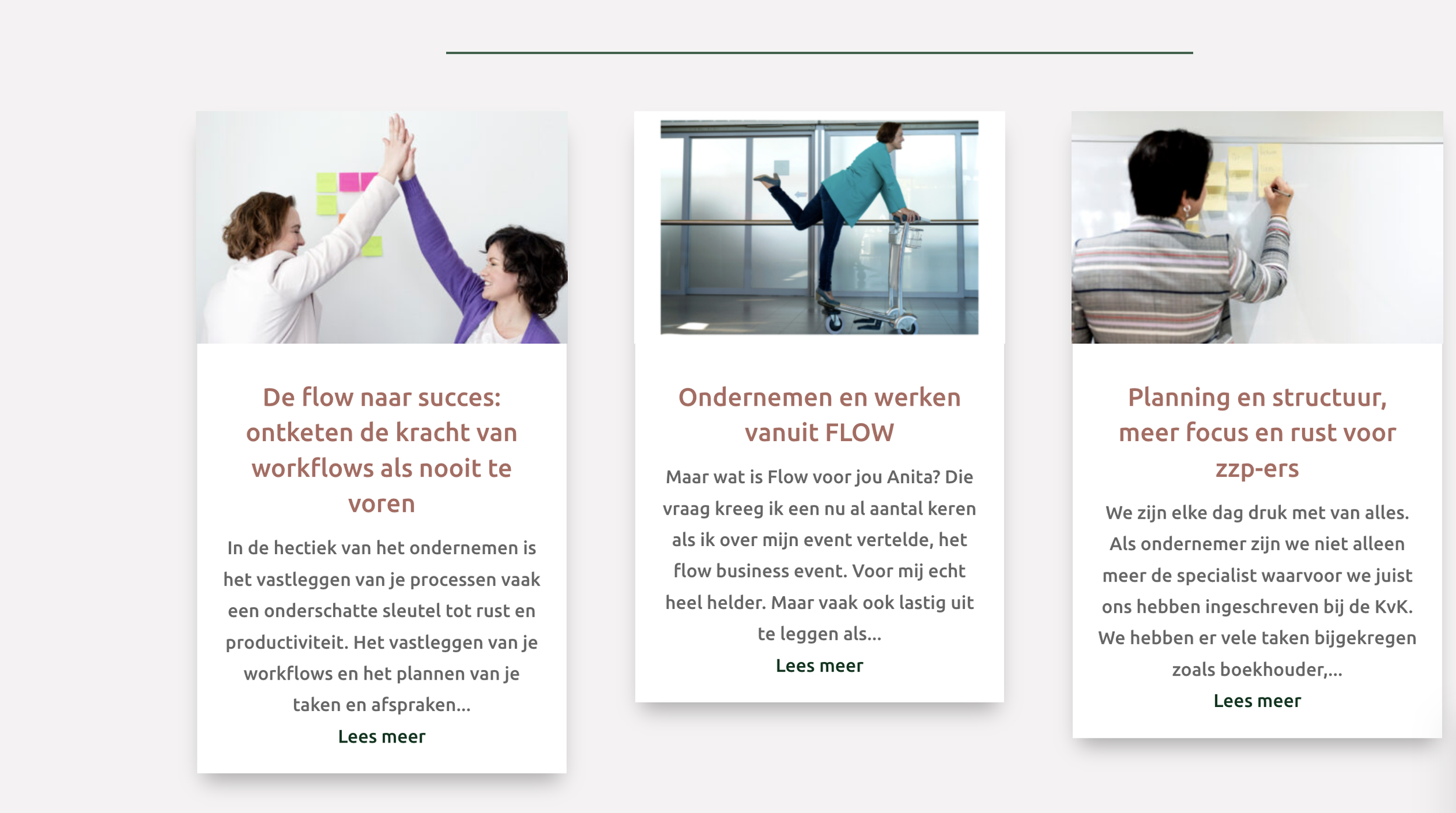 Three columns of articles about business workflows. Each column has a header, an image, and a paragraph of text. The first image shows two women high-fiving in an office. The second image depicts a woman in a teal blazer balancing on a scooter. The t