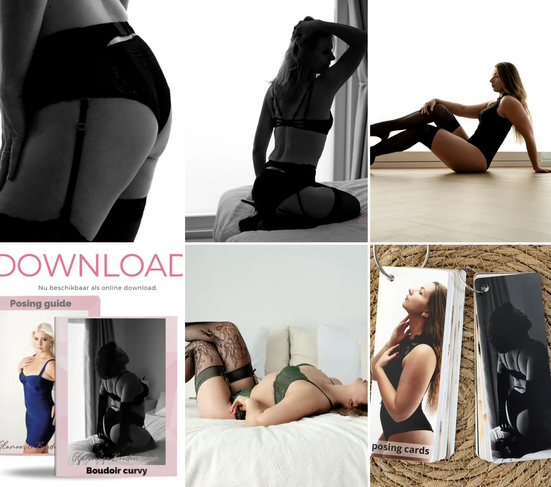 A collage of women posing in lingerie and casual clothing, with some showing back and side profiles, and a set of posing cards related to boudoir photography.