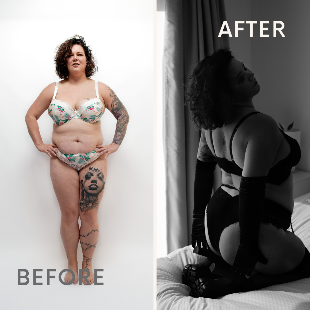 Split-screen photo showing a woman before and after a transformation: on the left, a woman with curly hair, tattoos, wearing lingerie, standing against a white background; on the right, the same woman in black and white, sitting on a bed in lingerie,