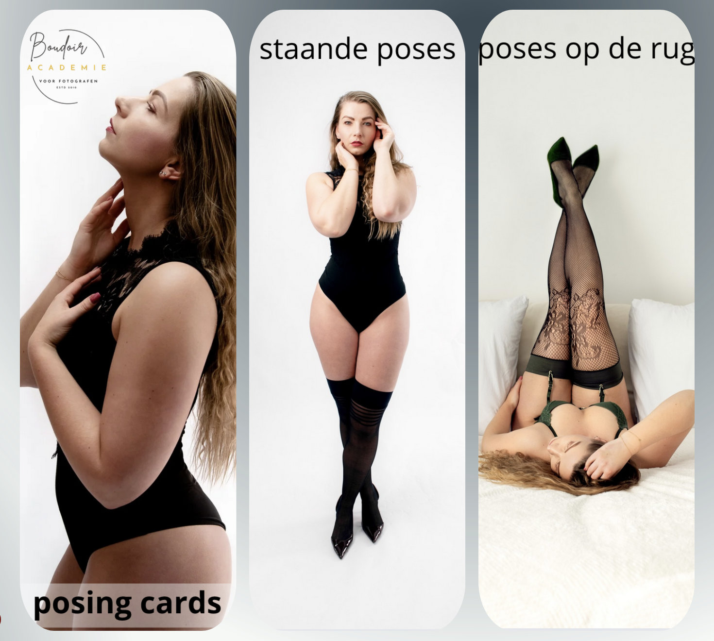 Three posing cards featuring women in different poses: the first woman in profile with her eyes closed and hand on her neck wearing black lace lingerie, the second woman standing with hands near her face wearing black bodysuit and thigh-high stockings, the third woman lying on a bed with her legs up against the wall wearing black fishnet stockings and lingerie.
