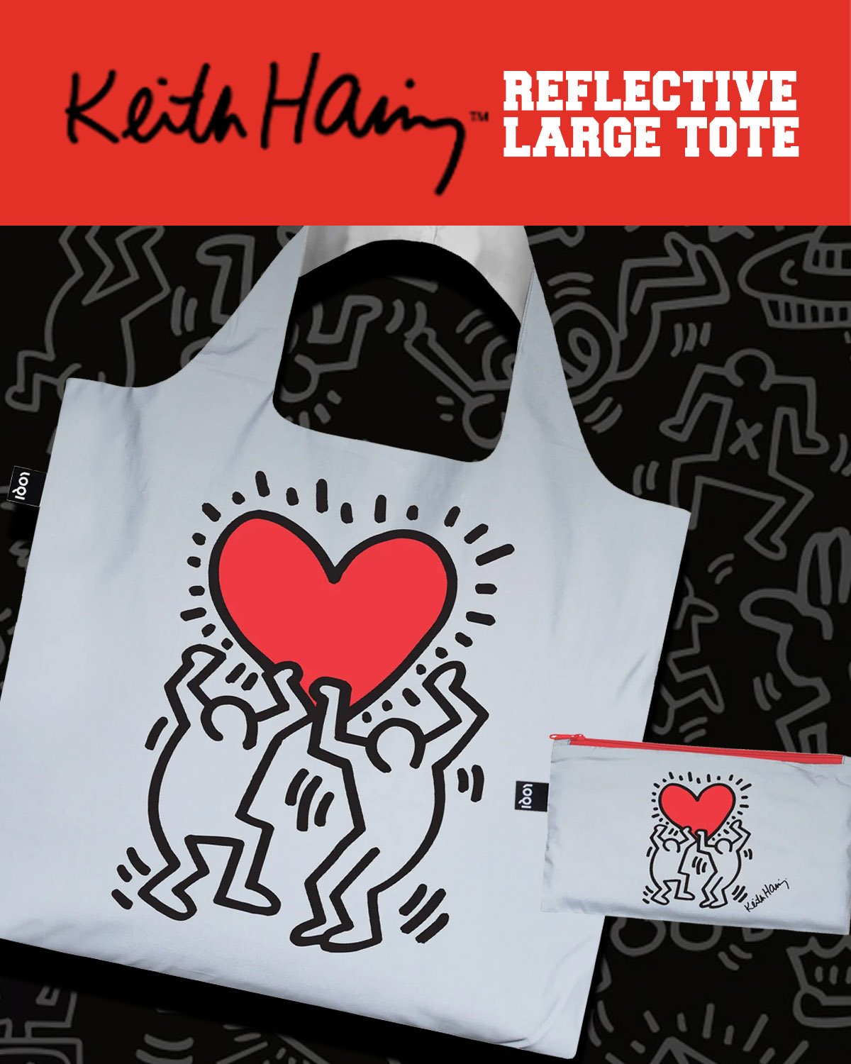 KEITH HARING Dancing Heart Large Reflective Tote