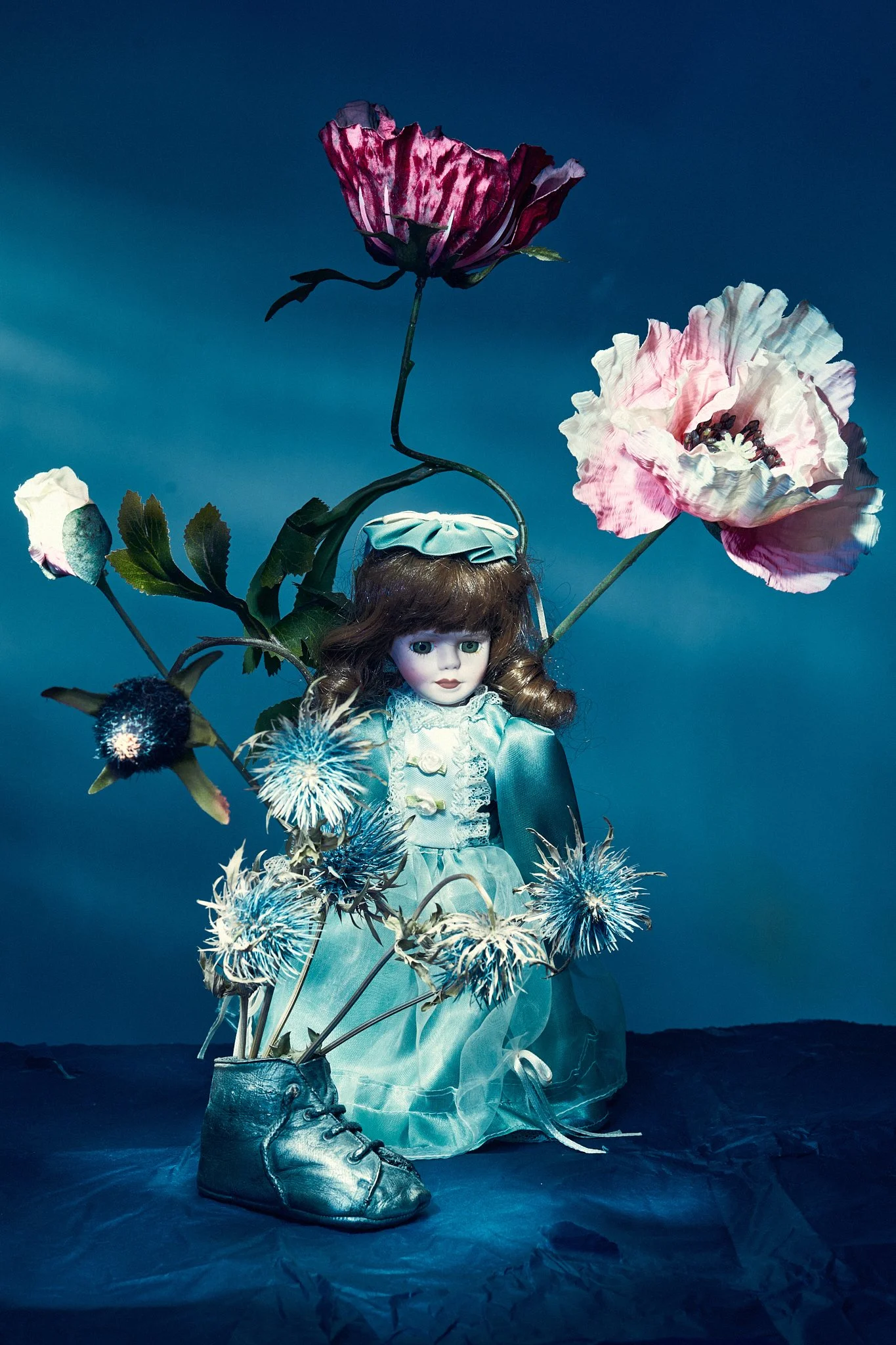 Fine art still life photography featuring a vintage porcelain doll in a blue silk dress, framed by oversized pink poppies and thistles in a metallic shoe against a deep blue light-painted background.