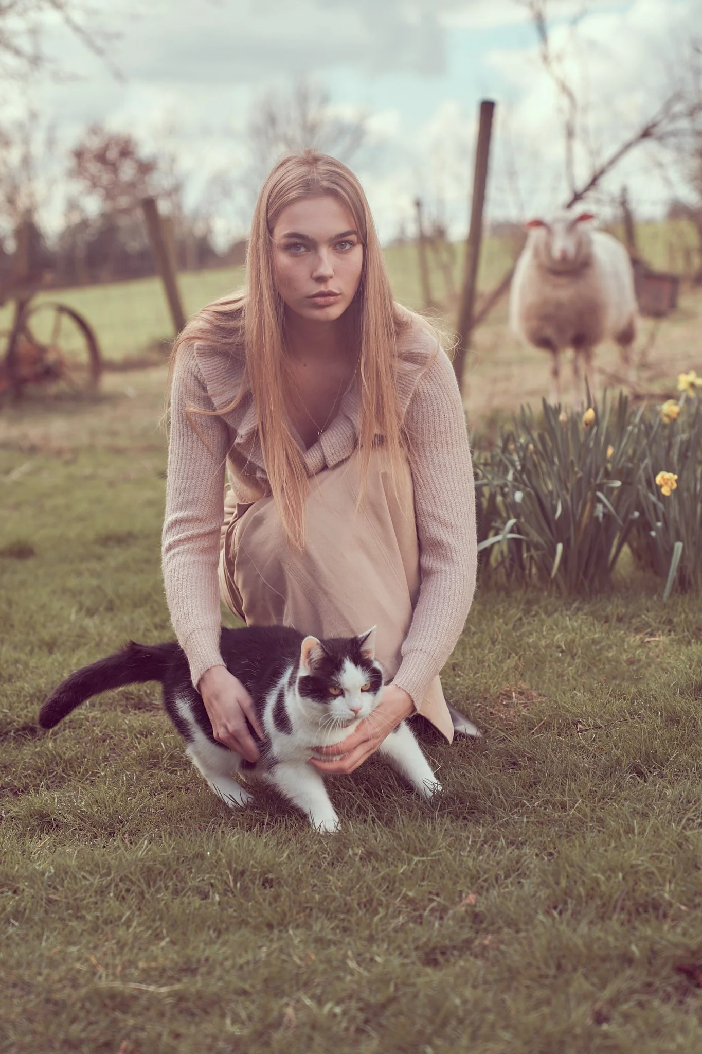 Rustic editorial with model, cat and sheep – serene countryside fashion image. Belgian lifestyle photographer in Ghent region.