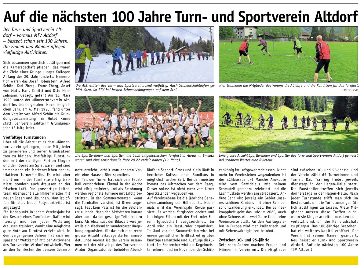 ZEITUNGSBERICHT TURN- UND SPORTVEREIN ALTDORF MAI 2020 #WIR FÜR URI