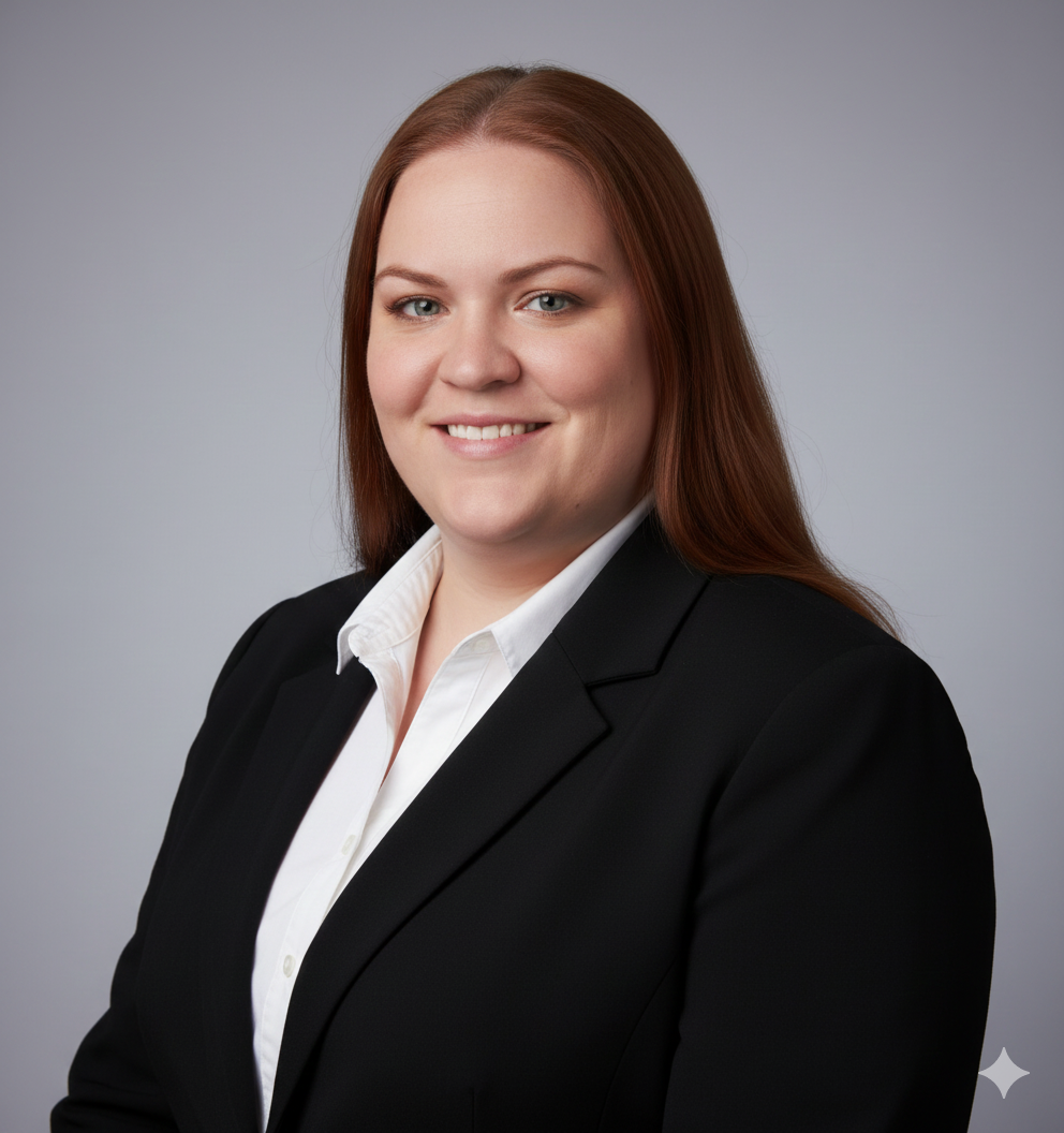 A woman with red hair wearing a black suit and white shirt, smiling at the camera against a plain gray background.